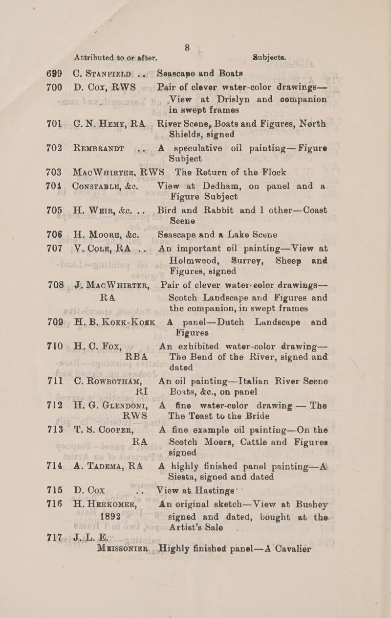 699 700 701 702 703 705 706 707 709 710 711 713 714 715 716 Attributed to or after. : Subjects, — C. STANFIELD... Seascape and Boats } | | D. Cox, RWS Pair of clever water-color drawings— A | _ View at Drislyn and companion _in swept frames C.N. Hemy, RA... River Scene, Boats and Figures, North Shields, signed REMBRANDT ..... A_ speculative oil painting— Figure Subject MaoWarrter, RWS The Return of the Flock ConsTABLE, &amp;c. View at Dedham, on panel and a Figure Subject H. Weir, &amp;c. .. , Bird and Rabbit and 1 other—Coast Scene H. Moors, &amp;c. Seascape and a Lake Scene V. Cort, RA ... An important oil painting—View at Holmwood, Surrey, Sheep and Figures, signed — J. MacWuirter, Pair of clever water-eolor drawings— RA Scotch Landscape and Figures and the companion, in swept frames Figures H.C, Fox, An exhibited water-color drawing— RBA The Bend of the River, signed and dated C. RowpotHAm, An oil painting—Italian River Scene ae eee RI Boats, &amp;c., on panel H.G.Guienpon1, A _ fine water-color drawing — The RWS The Teast to the Bride T. 8. Coorgr, A fine example oil painting—On the RA Scotch Moers, Cattle and Figures. signed A. TapEma, RA’ A highly finished panel painting—A: Siesta, signed and dated D, Cox .. View at Hastings: 1892 signed and dated, bought at the | a ie ‘s Artist’s Sale Tuas. Bia — Muissonier. ..Highly finished panel—A Cavalier