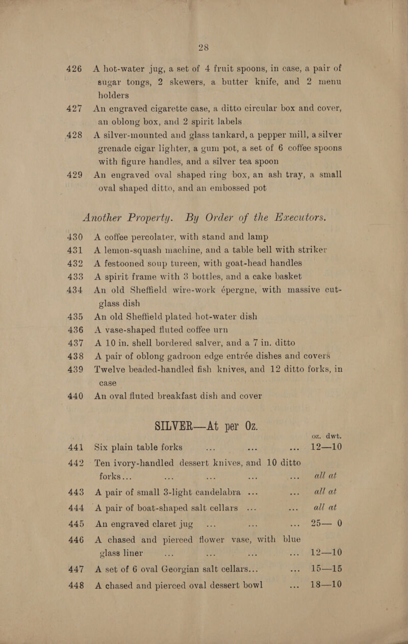 426 427 428 429 A hot-water jug, a set of 4 fruit spoons, in case, a pair of sugar tongs, 2 skewers, a butter knife, and 2 menu holders An engraved cigarette case, a ditto circular box and cover, an oblong box, and 2 spirit labels A silver-mounted and glass tankard, a pepper mill, a silver grenade cigar lighter, a gum pot, a set of 6 coffee spoons with figure handles, and a silver tea spoon An engraved oval shaped ring box, an ash tray, a small oval shaped ditto, and an embossed pot 430 431 432 433 434 435 436 437 438 439 440 44] 442 443 ody 445 446 447 448 A coffee percolater, with stand and lamp A lemon-squash machine, and a table bell with striker A festooned soup tureen, with goat-head handles A spirit frame with 3 bottles, and a cake basket An old Sheffield wire-work épergne, with massive cut- glass dish An old Sheffield plated hot-water dish A vase-shaped fluted coffee urn A 10 in. shell bordered salver, and a 7 in. ditto A pair of oblong gadroon edge entrée dishes and covers Twelve beaded-handled fish knives, and 12 ditto forks, in case An oval fiuted breakfast dish and cover SILVER—At per Oz. oz. dwt. Six plain table forks a ay ... 1L2—10 Ten ivory-handled dessert knives, and 10 ditto forks... mi! vst “a seo) ll at A pair of small 3-light candelabra ... Lt ae A pair of boat-shaped salt cellars ... «aE An engraved claret jug... te ... 25— 0 A chased and pierced flower vase, with blue glass liner ee ai BRM ASE LY. Ad eee A set of 6 oval Georgian salt cellars... ... 1L5—15 A chased and pierced oval dessert bowl ... 18—10 