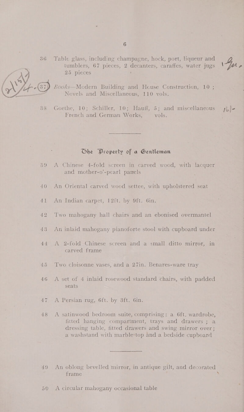  39 40 48 49 o0 6 Table glass, including champagne, hock, port, liqueur and tumblers, 67 pieces, 2 decanters, caraffes, water jugs 25 pieces Looks—Mcdern Building ancl Hceuse Construction, 10 ; Novels and Miscellaneous, 110 vols. Goethe, 10-- Sehitler,: 10 Sianth: 5. and *nisceblaneoeus French and German Works, vols. Obe Property of a Gentleman A Chinese 4-fold screen in carved wocd, with lacquer and mother-o’-pearl panels An Oriental carved wood settee, with upholstered seat An Indian carpet, 12ft. by Oft: Gin. Two mahogany hall chairs and an ebonised secrete! An inlaid mahogany pianoforte stool with cupboard under A .2-fold=Chinese screen: and a small ditto mirror, in carved frame Two cloisonne vases, and a 27in. Benares-ware tray A set of 4 inlaid rosewood standard chairs, with padded seats A Persian’ rug, 6ft.. by ft, _6in. A satinwood bedroom suite, comprising: a 6ft. wardrobe, fitted hanging compartment, trays and drawers ; a dressing table, fitted drawers and swing mirror over; a washstand with marble*top and a bedside cupboard An oblong bevelled mirror, in antique gilt, and decorated frame A eircular mahogany occasional table