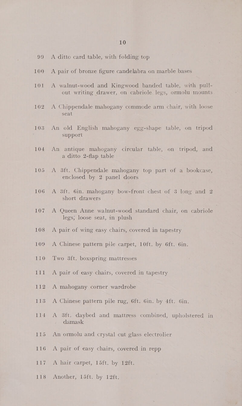 99 100 101 102 108 104 105 10 A ditto card table, with folding top A pair of bronze figure candelabra on marble bases A walnut-wood and Kingwood banded table, with puil- out writing drawer, on cabriole legs, ormolu mounts A Chippendale mahogany commede arm chair, with loose seat An old English mahogany egg-shape table, on tripod support An antique mahogany circular table, on tripod, and a ditto 2-flap table A 3ft. Chippendale mahogany top part of a bookcase, enclosed by 2 panel doors A 38ft. 6in. mahogany bow-front chest of 3 long and 2 short drawers A Queen Anne walnut-wood standard chair, on cabriole legs; loose seat, in plush A pair of wing easy chairs, covered in tapestry A Chinese pattern pile carpet, 10ft. by .6ft. 6in. Two 3ft. boxspring mattresses A pair of easy chairs, covered in tapestry A mahogany corner wardrobe A Chinese pattern pile rug, 6ft. Gin. by 4ft. Gin. A 3ft. daybed and mattress combined, upholstered in damask An ormolu and crystal cut glass electrolier A pair of easy chairs, covered in repp A hair-carpet, Toit. by sire Another, 15ft. by.-12ft.