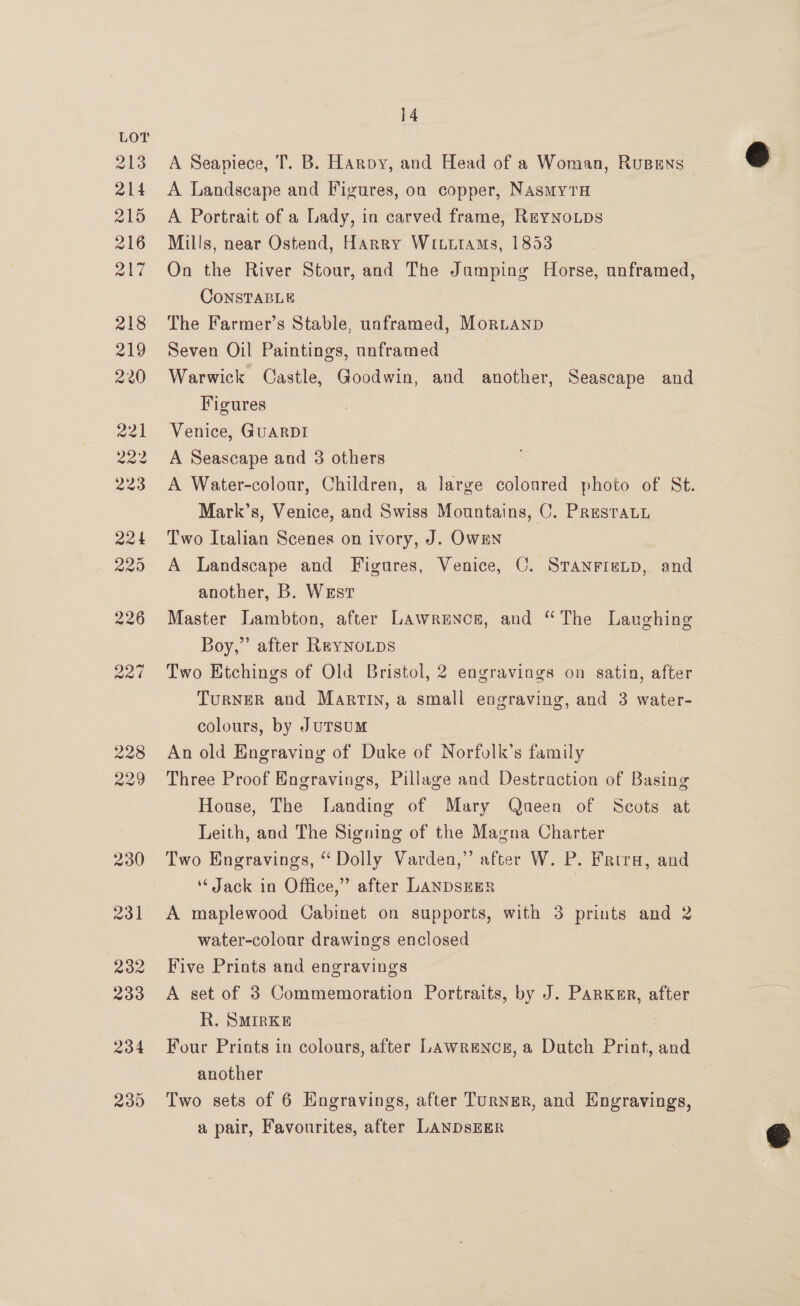 A Seapiece, T. B. Harpy, and Head of a Woman, RuBens A Landscape and Figures, on copper, NAsMyTH A Portrait of a Lady, in carved frame, ReYNoLpDS Mills, near Ostend, Harry WI.LitAMs, 1833 On the River Stour, and The Jamping Horse, unframed, CONSTABLE The Farmer’s Stable, unframed, Morianp Seven Oil Paintings, unframed Warwick Castle, Goodwin, and another, Seascape and Figures Venice, GUARDI A Seascape and 3 others A Water-colour, Children, a large coloured photo of St. Mark’s, Venice, and Swiss Mountains, C. PREsTALL Two Italian Scenes on ivory, J. OWEN A Landscape and Figures, Venice, C. STANFIELD, and another, B. West . Master Lambton, after Lawrence, and “The Laughing Boy,” after ReyNo.Lps Two Etchings of Old Bristol, 2 engravings on satin, after Turner and Martin, a small engraving, and 3 water- colours, by JuTsum An old Engraving of Duke of Norfolk’s family Three Proof Engravings, Pillage and Destruction of Basing House, The Landing of Mary Queen of Scots at Leith, and The Signing of the Magna Charter Two Engravings, “ Dolly Varden,” after W. P. Frira, and Jack in Office,” after LANDSEER A maplewood Cabinet on supports, with 3 prints and 2 water-colour drawings enclosed Five Prints and engravings A set of 3 Commemoration Portraits, by J. ParKsgr, after R. SMIRKE Four Prints in colours, after LAwrencg, a Dutch Print, and another Two sets of 6 Engravings, after TurngR, and Engravings, a pair, Favourites, after LANDsEER 