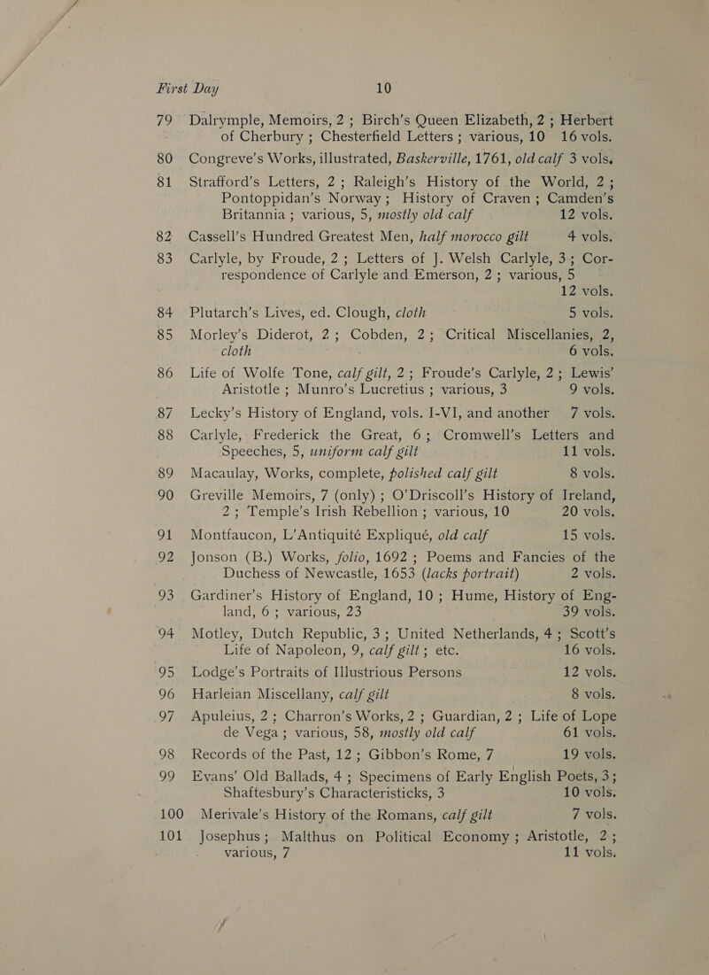 19 80 81 Dalrymple, Memoirs, 2 ; Birch’s Queen Elizabeth, 2 ; Herbert of Cherbury ; Chesterfield Letters; various, 10 16 vols. Congreve’s Works, illustrated, Baskerville, 1761, old calf 3 vols. Strafford’s Letters, 2; Raleigh’s History of .the World, 2; Pontoppidan’s Norway; History of Craven ; Camden’s Britannia ; various, 5, mostly old calf 12 vols. Cassell’s Hundred Greatest Men, half morocco gilt 4 vols. Carlyle, by Froude, 2 ; Letters of J. Welsh Carlyle, 3; Cor- respondence of Carlyle and Emerson, 2; various, 5 12 vols. Plutarch’s Lives, ed. Clough, cloth 5 vols. Morley’s Diderot, 2; Cobden, 2; Critical Miscellanies, 2, cloth | 6 vols. Life of Wolfe Tone, calf gilt, 2; Froude’s Carlyle, 2 ;- Lewis’ Aristotle ; Munro’s Lucretius ; various, 3 9 vols. Lecky’s History of England, vols. I-VI, and another 7 vols. 88 Carlyle, Frederick the Great, 6; Cromwell’s Letters and Speeches, 5, uniform calf gilt 11 vols. 89 Macaulay, Works, complete, polished calf gilt 8 vols. 90 Greville Memoirs, 7 (only) ; O’Driscoll’s History of Ireland, 2; Temple’s Irish Rebellion ; various, 10 20 vols. 91 Montfaucon, L’Antiquité Expliqué, old calf 15 vols. 92 Jonson (B.) Works, folio, 1692 ; Poems and Fancies of the Duchess of Newcastle, 1653 (lacks portrait) 2 vols. 93 Gardiner’s History of England, 10; Hume, History of Eng- land, 67% “warious, 23 39 vols. 94 Motley, Dutch Republic, 3; United Netherlands, 4; Scott’s Life of Napoleon, 9, calf gilt; etc. 16 vols. 95 Lodge’s Portraits of Illustrious Persons 12 vols. 96 Harleian Miscellany, calf gilt 8 vols. 97 Apuleius, 2; Charron’s Works, 2 ; Guardian, 2 ; Life of Lope de Vega; various, 58, mostly old calf 61 vols. 98 Records of the Past, 12 ; Gibbon’s Rome, 7 19 vols. 99 Evans’ Old Ballads, 4 ; Specimens of Early English Poets, 3; Shaftesbury’s Characteristicks, 3 10 vols. 100 Merivale’s History of the Romans, calf gilt 7 vols. 101 Josephus; Malthus on Political Economy ; Aristotle, 2;