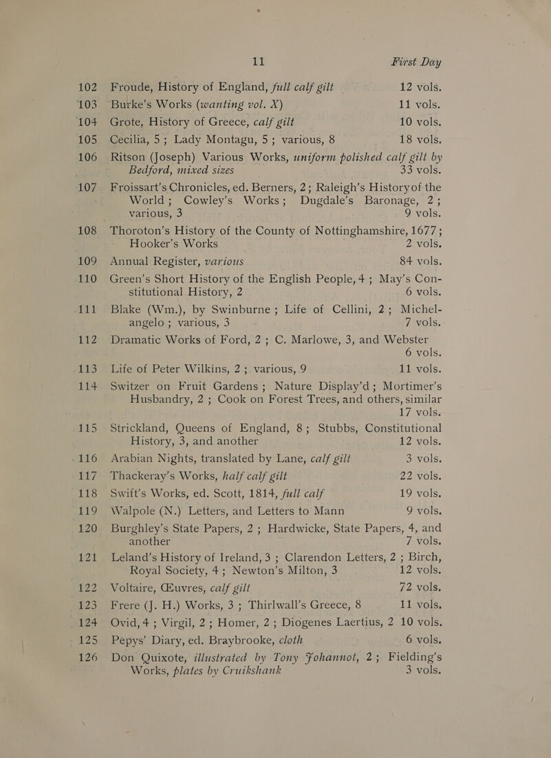 102 103 104 105 106 107 108 109 110 T11 112 113 114 £L5 -116 117 118 119 120 Al Seat wo.) 124 25 126 11 First Day Froude, History of England, full calf gilt 12 vols. Burke’s Works (wanting vol. X) 11 vols. Grote, History of Greece, calf gilt 10 vols. Cecilia, 5; Lady Montagu, 5; various, 8 18 vols. Ritson (Joseph) Various Works, uniform polished calf gilt by Bedford, mixed sizes | 33 vols. Froissart’s Chronicles, ed. Berners, 2; Raleigh’s History of the World; Cowley’s Works; Dugdale’s Baronage, 2; | various, 3 9 vols. Thoroton’s History of the County of Nottinghamshire, 1677 ; Hooker’s Works 2 vols. Annual Register, various 84 vols. Green’s Short History of the English People, 4 ; May’s Con- stitutional History, 2 6 vols. Blake (Wm.), by Swinburne; Life of Cellini, 2; Michel- angelo ; various, 3 7 vols. Dramatic Works of Ford, 2 ; C. Marlowe, 3, and Webster 6 vols. Life of Peter Wilkins, 2; various, 9 11 vols. Switzer on Fruit Gardens; Nature Display’d; Mortimer’s Husbandry, 2 ; Cook on Forest Trees, and others, similar 17 vols. Strickland, Queens of England, 8; Stubbs, Constitutional History, 3, and another 12 vols. Arabian Nights, translated by Lane, calf gilt 3 vols. Thackeray’s Works, half calf gilt 22 vols. Swift’s Works, ed. Scott, 1814, full calf 19 vols. Walpole (N.) Letters, and Letters to Mann 9 vols. Burghley’s State Papers, 2 ; Hardwicke, State Papers, 4, and another 7 vols. Leland’s History of Ireland, 3 ; Clarendon Letters, 2 ; Birch, Royal Society, 4; Newton’s Milton, 3 12 vols. Voltaire, Guvres, calf gilt 72 vols. Frere (J. H.) Works, 3 ; Thirlwall’s Greece, 8 11 vols. Ovid, 4 ; Virgil, 2; Homer, 2 ; Diogenes Laertius, 2 10 vols. Pepys’ Diary, ed. Braybrooke, cloth 6 vols. Don Quixote, illustrated by Tony Fohannot, 2; Fielding’s