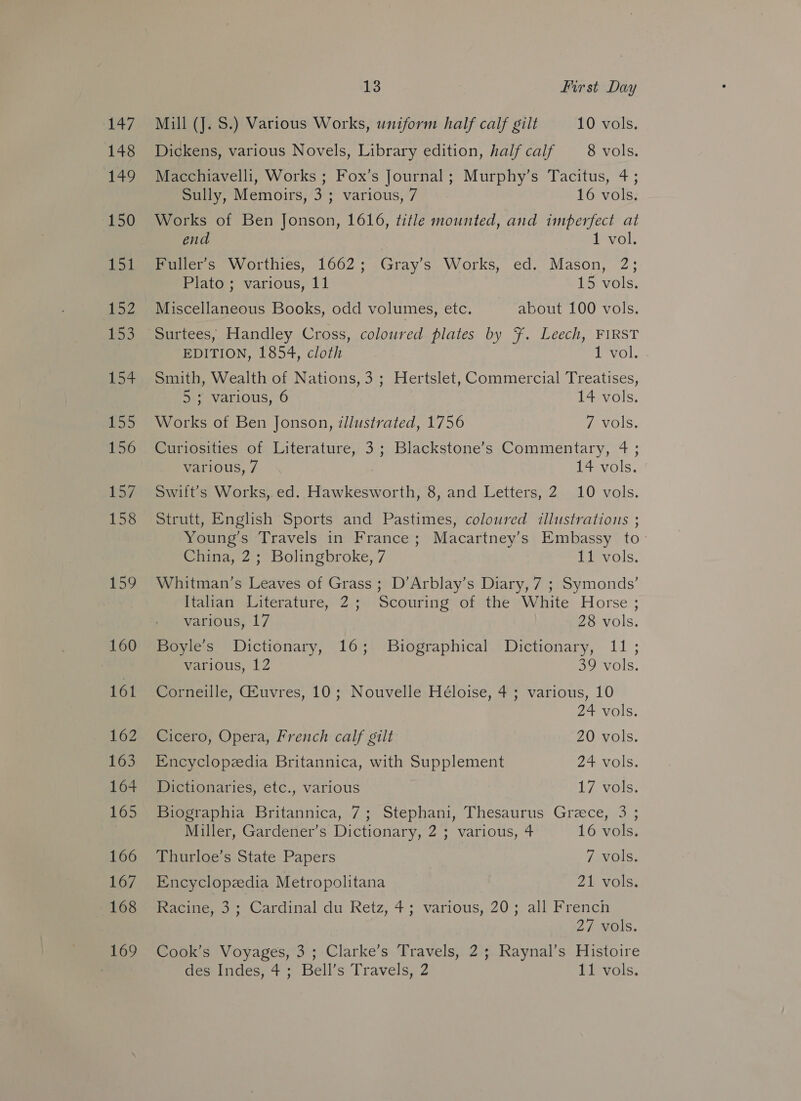 Ee / 148 ie 8) 150 to few 3 See 155 156 Fz 158 159 160 161 162 163 164 165 166 167 168 169 13 First Day Mill (J. S.) Various Works, uniform half calf gilt 10 vols. Dickens, various Novels, Library edition, half calf 8 vols. Macchiavelli, Works ; Fox’s Journal; Murphy’s Tacitus, 4 ; Sully, Memoirs, 3; various, 7 16 vols. Works of Ben Jonson, 1616, title mounted, and imperfect at end 1 vol. Fuller's Worthies, 1662; Gray’s Works, ed. Mason, 2; Plato ; various, 11 15 vols. Miscellaneous Books, odd volumes, etc. about 100 vols. Surtees, Handley Cross, coloured plates by F. Leech, FIRST EDITION, 1854, cloth Evol... Smith, Wealth of Nations, 3 ; Hertslet, Commercial Treatises, 5 ; various, 6 14 vols. Works of Ben Jonson, illustrated, 1756 7 vols. Curiosities of Literature, 3; Blackstone’s Commentary, 4 ; various, 7 14 vols. Swift's Works, ed. Hawkesworth, 8, and Letters, 2 10 vols. Strutt, English Sports and Pastimes, coloured illustrations ; Young’s Travels in France; Macartney’s Embassy to&gt; China, 2; Bolingbroke, 7 11 vols. Whitman’s Leaves of Grass ; D’Arblay’s Diary, 7 ; Symonds’ Italian Literature, 2; Scouring of the White Horse ; various, 17 28 vols. Boyle’s Dictionary, 16; Biographical Dictionary, 11; various, 12 39 vols. Corneille, G2uvres, 10; Nouvelle Héloise, 4 ; various, 10 24 vols. Cicero, Opera, French calf gilt 20 vols. Encyclopedia Britannica, with Supplement 24 vals. Dictionaries, etc., various LZ vats. Biographia Britannica, 7; Stephani, Thesaurus Grece, 3 ; Miller, Gardener’s Dictionary, 2 ; various, 4 16 vols. Thurloe’s State Papers 7 vols. Encyclopedia Metropolitana 21 vols. Racine, 3 ; Cardinal du Retz, 4; various, 20; all French 27 vols. Cook’s Voyages, 3; Clarke’s Travels, 2; Raynal’s Histoire