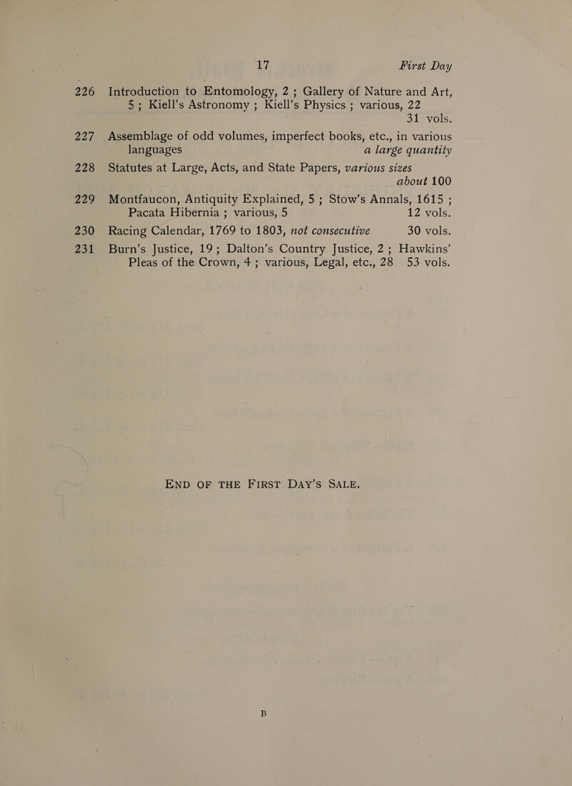 226 228 Z29 230 231 17 First Day Introduction to Entomology, 2 ; Gallery of Nature and Art, 5; Kiell’s Astronomy ; Kiell’s Physics ; various, 22 31 vols. Assemblage of odd volumes, imperfect books, etc., in various languages a large quantity Statutes at Large, Acts, and State Papers, various sizes | _about 100 Montfaucon, Antiquity Explained, 5 ; Stow’s Annals, 1615 ; Pacata Hibernia ; various, 5 1 2ev0ls. Racing Calendar, 1769 to 1803, not consecutive 30 vols. Burn’s Justice, 19; Dalton’s Country Justice, 2; Hawkins’ Pleas of the Crown, 4; various, Legal, etc., 28 53 vols. END OF THE FIRST DAY’S SALE.