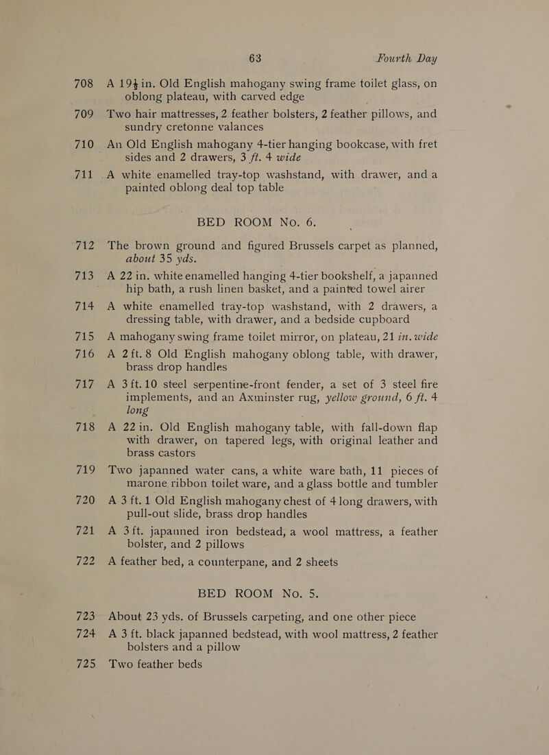 708 709 7\1 Fa We 714 cus A16 717 718 719 63 Fourth Day A 19%in. Old English mahogany swing frame toilet glass, on oblong plateau, with carved edge Two hair mattresses, 2 feather bolsters, 2 feather pillows, and sundry cretonne valances An Old English mahogany 4-tier hanging bookcase, with fret sides and 2 drawers, 3 ft. 4 wide painted oblong deal top table BED ROOM No. 6. The brown ground and figured Brussels carpet as planned, about 35 yds. hip bath, a rush linen basket, and a painted towel airer A white enamelled tray-top washstand, with 2 drawers, a dressing table, with drawer, and a bedside cupboard A mahogany swing frame toilet mirror, on plateau, 21 in. wide A 2ft.8 Old English mahogany oblong table, with drawer, brass drop handles A 3ft.10 steel serpentine-front fender, a set of 3 steel fire implements, and an Axminster rug, yellow ground, 6 ft. 4 long A 22in. Old English mahogany table, with fall-down flap with drawer, on tapered legs, with original leather and brass castors Two japanned water cans, a white ware bath, 11 pieces of marone ribbon toilet ware, and a glass bottle and tumbler A 3ft.1 Old English mahogany chest of 4 long drawers, with pull-out slide, brass drop handles A 3ft. japanned iron bedstead, a wool mattress, a feather bolster, and 2 pillows A feather bed, a counterpane, and 2 sheets BED ROOM No. 5. About 23 yds. of Brussels carpeting, and one other piece A 3 ft. black japanned bedstead, with wool mattress, 2 feather bolsters and a pillow Two feather beds