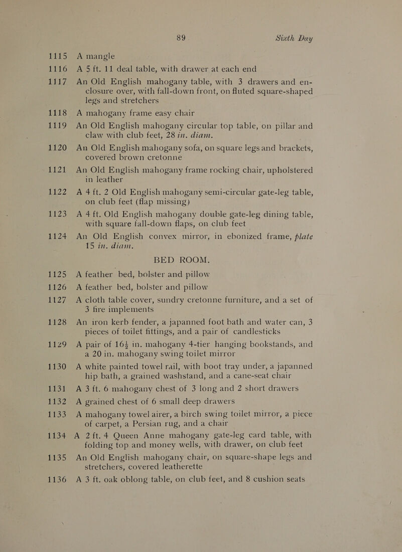 BEES 1116 Lit 7 89 Strath Day A mangle A 5 ft. 11 deal table, with drawer at each end An Old English mahogany table, with 3 drawers and en- closure over, with fall-down front, on fluted square-shaped legs and stretchers A mahogany frame easy chair An Old English mahogany circular top table, on pillar and claw with club feet, 28 in. diam. An Old English mahogany sofa, on square legs and brackets, covered brown cretonne An Old English mahogany frame rocking chair, upholstered in leather A 4 ft. 2 Old English mahogany semi-circular gate-leg table, on club feet (flap missing) A 4 ft. Old English mahogany double gate-leg dining table, with square fall-down flaps, on club feet An Old English convex mirror, in ebonized frame, plate 15 in. diam. BED ROOM. A feather bed, bolster and pillow A feather bed, bolster and pillow A cloth table cover, sundry cretonne furniture, and a set of 3 fire implements An iron kerb fender, a japanned foot bath and water can, 3 pieces of toilet fittings, and a pair of candlesticks A pair of 163 in. mahogany 4-tier hanging bookstands, and a 20 in. mahogany swing toilet mirror A white painted towel rail, with boot tray under, a japanned hip bath, a grained washstand, and a cane-seat chair A 3 ft. 6 mahogany chest of 3 long and 2 short drawers A grained chest of 6 small deep drawers A mahogany towel airer, a birch swing toilet mirror, a piece of carpet, a Persian rug, and a chair A 2 ft.4 Queen Anne mahogany gate-leg card table, with folding top and money wells, with drawer, on club feet An Old English mahogany chair, on square-shape legs and stretchers, covered leatherette A 3 ft. oak oblong table, on club feet, and 8 cushion seats