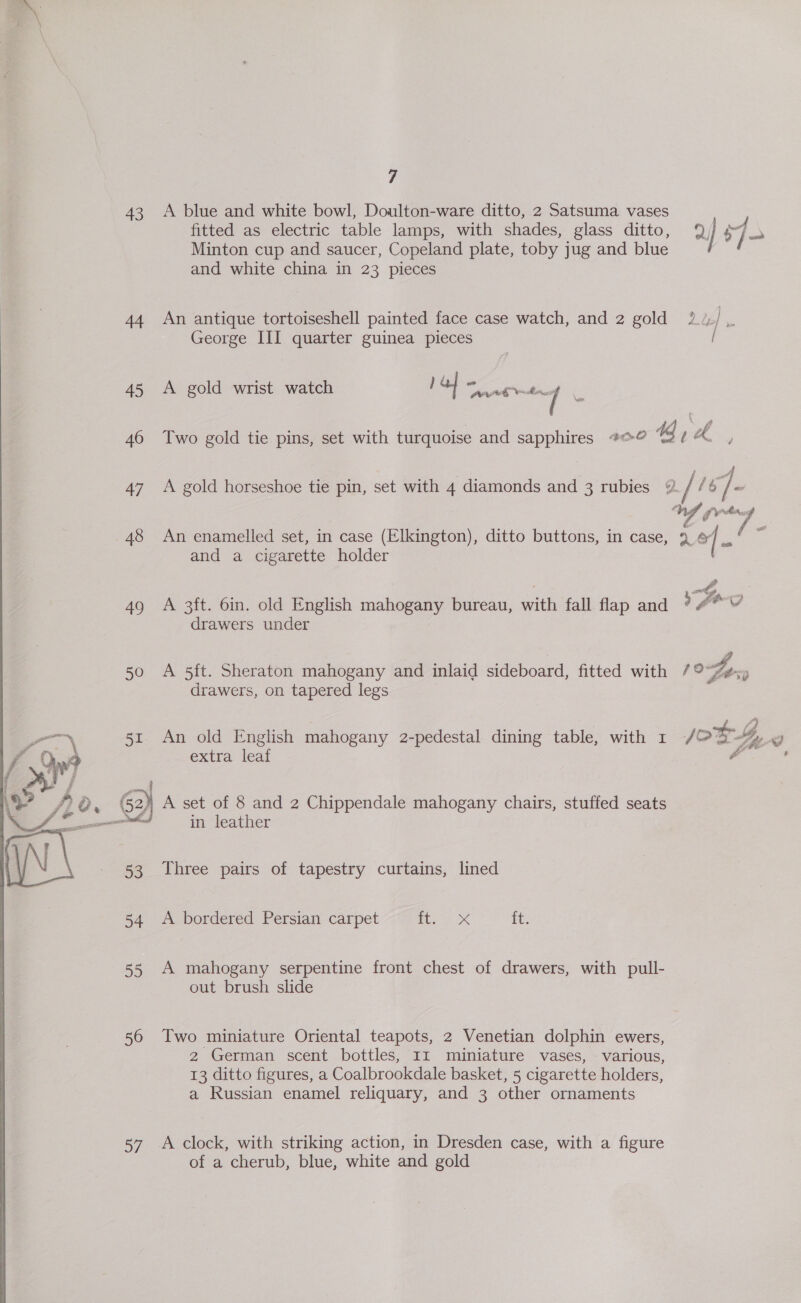  43 A blue and white bowl, Doulton-ware ditto, 2 Satsuma vases fitted as electric table lamps, with shades, glass ditto, 9 | sf aes Minton cup and saucer, Copeland plate, toby jug and blue and white china in 23 pieces 44 An antique tortoiseshell painted face case watch, and 2 gold 2 |  George III quarter guinea pieces / A gold wrist watch 1a ont rntn / bs Two gold tie pins, set with turquoise and sapphires #o¢ i 4 A gold horseshoe tie pin, set with 4 diamonds and 3 rubies @ / /6 Fi W gyre 7 An enamelled set, in case (Elkington), ditto buttons, in case, 9 of. E and a cigarette holder . . ¥ Sp 3 A 3ft. 6in. old English mahogany bureau, with fall flap and * #4 “ drawers under A 5{t. Sheraton mahogany and inlaid sideboard, fitted with /° 4p, drawers, on tapered legs An old English mahogany 2-pedestal dining table, with 1 / of % x extra leaf A 52) A set of 8 and 2 Chippendale mahogany chairs, stuffed seats - in leather Three pairs of tapestry curtains, lined A bordered Persian carpet Bh ox it: A mahogany serpentine front chest of drawers, with pull- out brush slide Two miniature Oriental teapots, 2 Venetian dolphin ewers, 2 German scent bottles, 11 miniature vases, various, 13 ditto figures, a Coalbrookdale basket, 5 cigarette holders, a Russian enamel reliquary, and 3 other ornaments A clock, with striking action, in Dresden case, with a figure of a cherub, blue, white and gold 