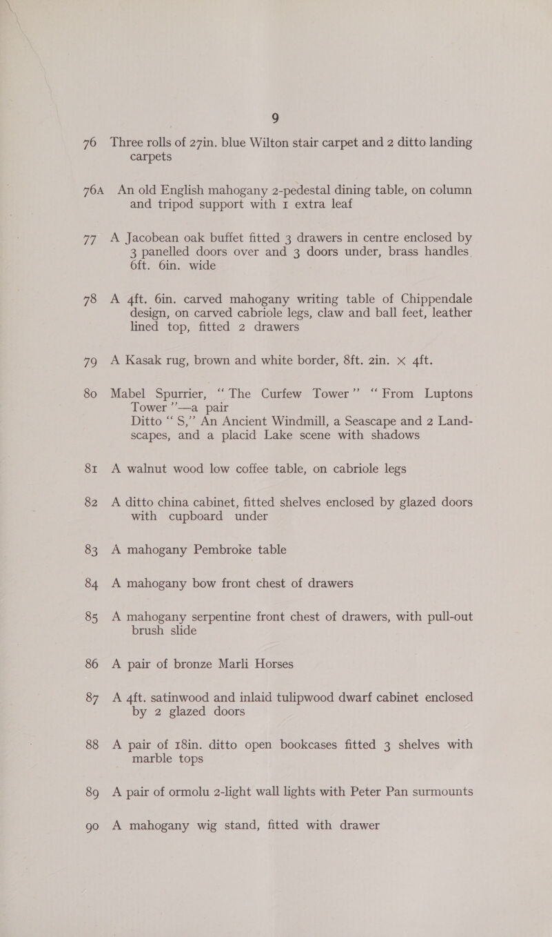 76 Three rolls of 27in. blue Wilton stair carpet and 2 ditto landing carpets iy 78 Vis. 80 SI 82 83 84 85 86 87 88 89 go and tripod support with 1 extra leaf A Jacobean oak buffet fitted 3 drawers in centre enclosed by 3 panelled doors over and 3 doors under, brass handles. 6ft. 6in. wide A 4ft. 6in. carved mahogany writing table of Chippendale design, on carved cabriole legs, claw and ball feet, leather lined top, fitted 2 drawers A Kasak rug, brown and white border, 8ft. 2in. x 4ft. Mabel Spurrier, “ The Curfew Tower” ‘From Luptons Tower ’’—a pair Ditto “S,” An Ancient Windmill, a Seascape and 2 Land- scapes, and a placid Lake scene with shadows A walnut wood low coffee table, on cabriole legs A ditto china cabinet, fitted shelves enclosed by glazed doors with cupboard under A mahogany Pembroke table A mahogany bow front chest of drawers A mahogany serpentine front chest of drawers, with pull-out brush slide A pair of bronze Marli Horses A 4ft. satinwood and inlaid tulipwood dwarf cabinet enclosed by 2 glazed doors A pair of 18in. ditto open bookcases fitted 3 shelves with marble tops A pair of ormolu 2-light wall lights with Peter Pan surmounts A mahogany wig stand, fitted with drawer
