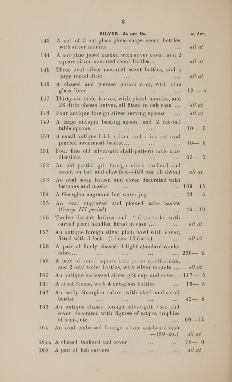 160 161 162 163 164 8 SILVYER—At per Oz. A set of 3 cut-glass globe-shape scent bottles, with silver mounts : i A cut-glass jewel casket, with silver cover, aud 2 square silver-mounted scent bottles... Three oval silver-mounted scent bottles, and a large round ditto A chased and pierced end ring, with vie glass liner Thirty-six table kuives, an pinpul 2 aadiiee a 36 ditto cheese knives, all fitted in oak case ... Four antique foreign silver serving spoons A large antique basting spoon, and 2 rat-tail table spoons A small antique Irish ee and a fiue vld oval pierced sweetmeat basket... Four fine old silver-gilt shell-pattern table can- dlesticks An old partial gilt foreign silver tankaid ii cover, on ball and claw feet—(63 ozs. 15 dwts.) An oval soup tureen and cover, decorated with festoons and masks bie A Georgian engraved hot-water jug... An oval engraved and pierced cake basket (George III period) 4p Twelve dessert knives and 12 ditto furks, with carved pearl handles, fitted in case ... An antique foreign silver plain bow! with cover, fitted with 3 feet—(11 ozs. 10 dwts.) A pair of cae chased 3- ae standard cande- labra.. A pair ot stuall square — plano ‘puttin tae and 2 oval toilet bottles, with silver mounts ... An antique embossed silver-gilt cup and covevr.... A cruet frame, with 4 cut-glass bottles An early Georgian salver, with shell and scroll border : ss An antique chased foreign silver-yill vase and cover, decorated with figures of satyrs, trophies of arms, ete. An oval embossed furcigu silver sideboard dish —(50 ozs.) 165 A pair of fish carvers oz. dwt. all at all at all at 12— 5 all at all at 10— 5 10— 8 63— 5 all at 23— 5 26—10 all at all at all at 11735 16—.5 42— 5 60—15 all at ioe all at