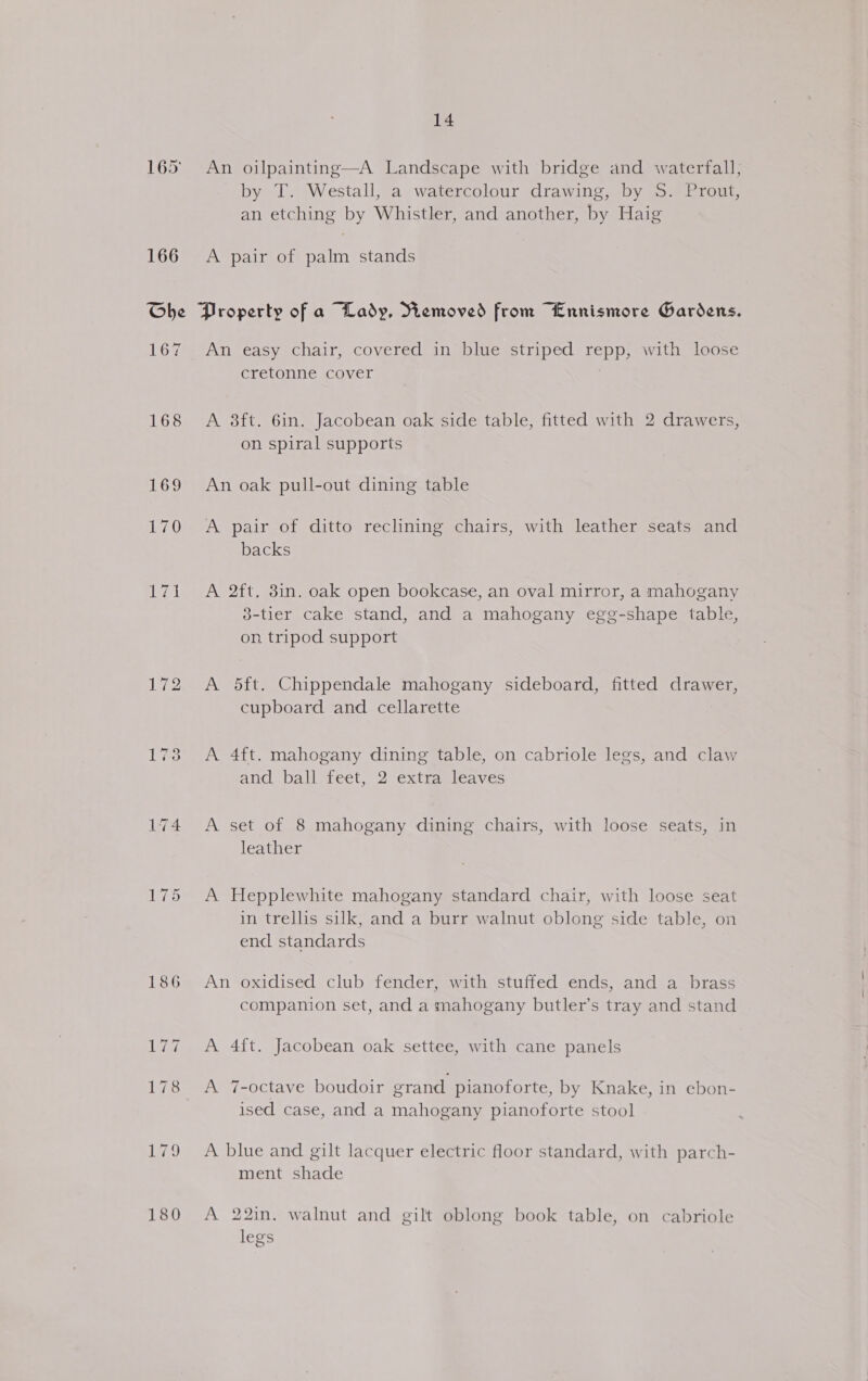 165 166 14 An oilpainting—A Landscape with bridge and waterfall, by T. Westall, a watercolour drawing, by S. Prout, an etching by Whistler, and another, by Haig A pair of palm stands 168 172 175 An easy chair, covered in blue striped repp, with loose cretonne cover A 3ft. 6in. Jacobean oak side table, fitted with 2 drawers, on spiral supports An oak pull-out dining table A pair of ditto reclining chairs, with leather seats and backs A 2ft, 3in. oak open bookcase, an oval mirror, a mahogany 3-tier cake stand, and a mahogany egg-shape table, on tripod support A 5ft. Chippendale mahogany sideboard, fitted drawer, cupboard and cellarette A 4ft. mahogany dining table, on cabriole legs, and claw and ball feet, 2 extra leaves A set of 8 mahogany dining chairs, with loose seats, in leather A Hepplewhite mahogany standard chair, with loose seat in trellis silk, and a burr walnut oblong side table, on enc standards An oxidised club fender, with stuffed ends, and a brass companion set, and a mahogany butler’s tray and stand A 4ft. Jacobean oak settee, with cane panels A 7-octave boudoir grand pianoforte, by Knake, in ebon- ised case, and a mahogany pianoforte stool A blue and gilt lacquer electric floor standard, with parch- ment shade A 22in. walnut and gilt oblong book table, on cabriole legs