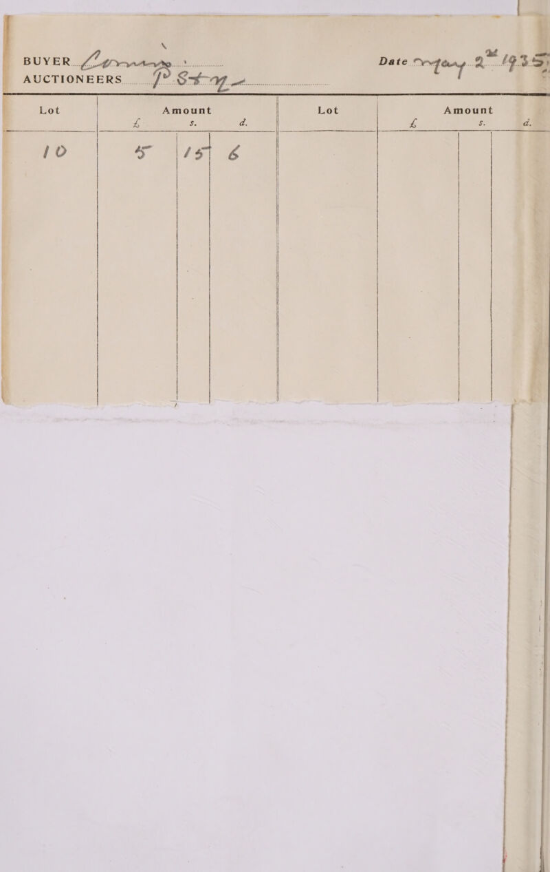    BUYER. 7. AUCTIONEERS _{. | S44. pS a ee Date mefeny BES  Lot Amount Lot Amount ae s. a. Z s. d. 1o oe ge 4   