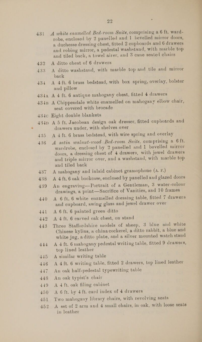 431 A white enamelled Bed-room Suite, comprising a 6 ft. ward- robe, enclosed by 2 panelled and 1 bevelled mirror doors, a duchesse dressing chest, fitted 2 cupboards and 6 drawers and robing mirror, a pedestal washstand, with marble top and tiled back, a towel airer, and 3 cane seated chairs 432 A ditto chest of 6 drawers 433 A ditto washstand, with marble top and tile and mirror back 434 A 4 ft. 6 brass bedstead, with box spring, overlay, bolster and pillow 4344 A 4 ft. 6 antique mahogany chest, fitted 4 drawers 4348 A Chippendale white enamelled on mahogany elbow chair, seat covered with brocade 434c Eight double blankets 434p A 5 ft. Jacobean design oak dresser, fitted cupboards and drawers under, with shelves over 435 A 4 ft. 6 brass bedstead, with wire spring and overlay 436 A satin walnut-wood Bed-room Suite, comprising a 6 ft. wardrobe, enclosed by 2 panelled and 1 bevelled mirror doors, a dressing chest of 4 drawers, with jewel drawers and triple mirror over, and a washstand, with marble top and tiled back 437 A mahogany and inlaid cabinet gramophone (A. F.) 438 A 4 ft.6 oak bookcase, enclosed by panelled and glazed doors 439 An engraving—Portrait of a Gentleman, 3 water-colour drawings, a print—Sacrifice of Vanities, and 10 frames 440 &lt;A 6 ft. 6 white enamelled dressing table, fitted 7 drawers and cupboard, swing glass and jewel drawer over 441 A 6 ft. 6 painted green ditto 442 A 4 ft. 6 carved oak chest, on stand 443 Three Staffordshire models of sheep, 3 blue and white Chinese kylins, a china cockerel, a ditto rabbit, a blue and white jug, aditto plate, and a silver mounted watch stand 444 A 4 ft. 6 mahogany pedestal writing table, fitted 9 drawers, top lined leather 445° A similar writing table 446 A 4 ft. 6 writing table, fitted 2 drawers, top lined Jeather 447 An oak half-pedestal typewriting table 448 An oak typist’s chair 449 &lt;A 4 ft. oak filing cabinet 450 A 6ft. by 4ft. card index of 4 drawers 451 ‘Two mahogany library chairs, with revolving seats 452 &lt;A set of 2 arm and 4 small chairs, in oak, with loose seats in leather
