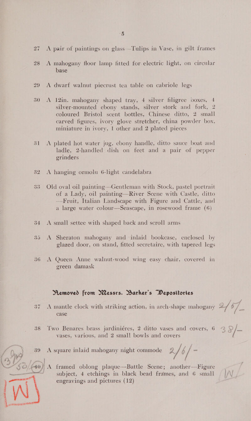 bo “I OL” ao dl 32 o&gt; Deo o4 oo)  ONE egy : [sao A pair of paintings on glass —Tulips in Vase, in gilt frames A mahogany floor lamp fitted for electric light, on circular base A dwarf walnut piecrust tea table on cabriole legs A 12in. mahogany shaped tray, 4 silver filigree boxes, 4 silver-mounted ebony stands, silver stork and fork, 2 coloured Bristol scent bottles, Chinese ditto, 2 small carved figures, ivory glove stretcher, china powder box, miniature in ivory, | other and 2 plated pieces A plated hot water jug, ebony handle, ditto sauce boat and ladle, 2-handled dish on feet and a pair of pepper grinders A hanging ormolu 6-lght candelabra Old oval oil painting—Gentleman with Stock, pastel portrait of a Lady, oil painting—River Scene with Castle, ditto —-Fruit, Italian Landscape with Figure and Cattle, and a large water colour——Seascape, in rosewood frame (6) A small settee with shaped back and scroll arms A Sheraton mahogany and inlaid bookcase, enclosed by glazed door, on stand, fitted secretaire, with tapered legs A Queen Anne walnut-wood wing easy chair, covered in ereen damask Removed from Wessrs. Barker's Depositories A mantle clock with striking action, in arch-shape mahogany case Two Benares brass jardiniéres, 2 ditto vases and covers, 6 vases, various, and 2 smal! bowls and covers f A square inlaid mahogany night commode % / 4 ’ an / i f  Battle Scene; another——Figure subject, 4 etchings in black bead frames, and 6 small A erie a