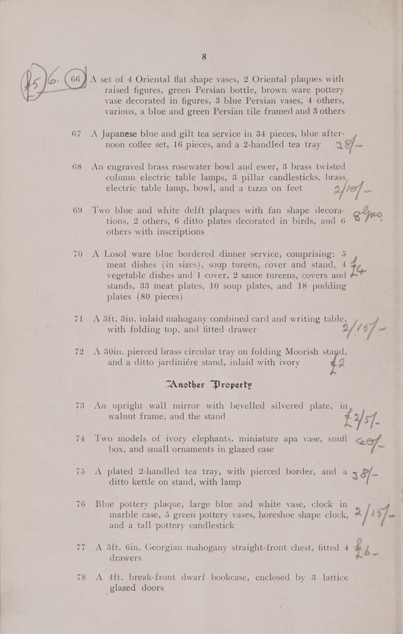 raised figures, green Persian bottle, brown ware pottery vase decorated in figures, 3 blue Persian vases, 4 others, various, a blue and green Persian tile framed and 3 others  67 A Japanese blue and gilt tea service in 34 pieces, blue after- noon coffee set, 16 pieces, and a.2-handled tea tray 29/- 68 An engraved brass rosewater bowl and ewer, 3 brass twisted column electric table lamps, 8 pillar candlesticks, brass, | electric table lamp, bowl, and a tazza on feet had ed 69 Two blue and white delft plaques with fan shape decora- ano tions, 2 others, 6 ditto plates decorated in birds, and 6 - others with inscriptions 70 A Losol ware blue bordered dinner service, comprising: 5 meat dishes (in sizes), soup tureen, cover and stand, 4 te vegetable dishes and 1 cover, 2 sauce tureens, covers and stands, 38 meat plates, 10 soup plates, and 18 pudding plates (80 pieces) 71 A 38ft. 3in. inlaid mahogany combined card and writing table, , with folding top, and fitted drawer a / 4, {= 4 | Lo and a ditto jardiniére stand, inlaid with ivory 2 A 30in. pierced brass circular tray on folding Moorish “fa Another Property =f Cs An upright wall mirror with bevelled silvered plate, in, walnut frame, and the stand Z 7. fm, es 74. Two models of ivory elephants, miniature apa vase, snuff KOI box, and small ornaments in glazed case —J Or A plated 2-handled tea tray, with pierced border, and a 3 &amp;/- ditto kettle on stand, with lamp marble case, 5 green pottery vases, horeshoe shape clock, | 76 Blue pottery plaque, large blue and white vase, clock in A : 2 ; ry and a tall pottery candlestick | A 38ft. 6in. Georgian mahogany straight-front chest, fitted 4 #4 drawers =a 78 A 4ft. break-front dwarf bookcase, enclosed by 3. lattice glazed doors
