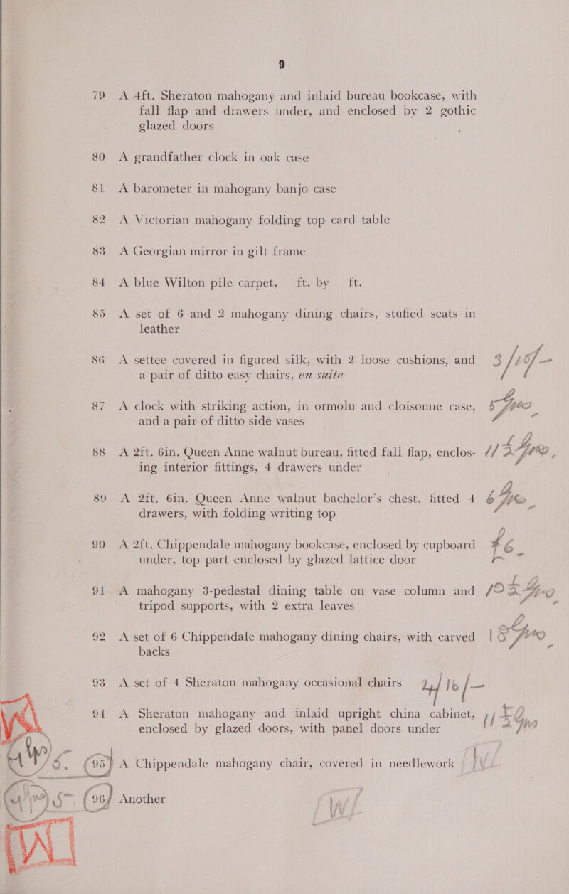 79 A 4ft. Sheraton mahogany and inlaid bureau bookcase, with fall flap and drawers under, and enclosed by 2 gothic glazed doors 80 &lt;A grandfather clock in oak case S81 A barometer in mahogany banjo case 82. A Victorian mahogany folding top card table 83 &lt;A Georgian mirror in gilt frame $4 A: blue Wilton pile carpet, .ft..by . ft. 85 &lt;A set of 6 and 2 mahogany dining chairs, stuffed seats in leather 86 &lt;A settee covered in figured silk, with 2 loose cushions, and 3/1 - a pair of ditto easy chairs, ez suite 87 &lt;A clock with striking action, in ormolu and cloisonne case, 4 P gues and a pair of ditto side vases 88 A 2ft. 6in. Queen Anne walnut bureau, fitted fall flap, enclos- d/ ing interior fittings, 4 drawers under 89 A 2ft. 6in. Queen Anne walnut bachelor’s chest, fitted 4 6 “ts J drawers, with folding writing top 3 90 A 2ft. Chippendale mahogany bookcase, enclosed by cupboard under, top part enclosed by glazed lattice door Ss 91 A mahogany 38-pedestal dining table on vase column ‘and tripod supports, with 2 extra leaves 92 A set of 6 Chippendale mahogany dining chairs, with carved backs   93 A set of 4 Sheraton mahogany occasional chairs uf lo /- 94 A Sheraton mahogany and inlaid upright china cabinet, / ] rg enclosed by glazed doors, with panel doors under LW  ie (3) A Chippendale mahogany chair, covered in needlework | | atone eh ; wo) -. ( vo) Another a iy = us is re gent ead A fs S : 