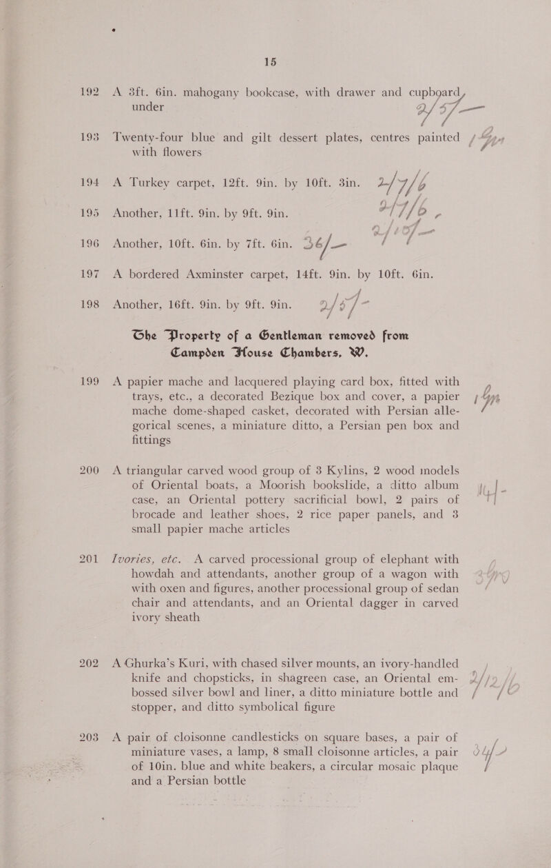 1938 198 200 202 15 A 3ft. 6in. mahogany bookcase, with drawer and cupboard with flowers Ar Vurkey carpet, 12ft, 9in. ‘by LOft.. 3in. 17/6 a / f / f Another, 11ft. 9in. by 9ft. 9in. a 1 b.. Another, 10ft. Gin, by 7ft. Gin. 3¢/— fy SF — A bordered Axminster carpet, 14ft. 9in. by 10ft. 6in. ae Another, 16it, 9in.by 9ft. Oi. Al / ND es Ghe Property of a Gentleman removed from Campden Blouse Chambers, W. A papier mache and lacquered playing card box, fitted with trays, etc., a decorated Bezique box and cover, a papier mache dome-shaped casket, decorated with Persian alle- gorical scenes, a miniature ditto, a Persian pen box and fittings A triangular carved wood group of 3 Kylins, 2 wood models of Oriental boats, a Moorish bookslide, a ditto album case, an Oriental pottery. sacrificial bowl, 2 pairs of brocade and leather shoes, 2 rice paper panels, and 3 small papier mache articles [vories, etc. A carved processional group of elephant with howdah and attendants, another group of a wagon with with oxen and figures, another processional group of sedan chair and attendants, and an Oriental dagger in carved ivory sheath A Ghurka’s Kuri, with chased silver mounts, an ivory-handled knife and chopsticks, in shagreen case, an Oriental em- bossed silver bowl and liner, a ditto miniature bottle and stopper, and ditto symbolical figure A pair of. cloisonne candlesticks on square bases, a pair of miniature vases, a lamp, 8 small cloisonne articles, a pair of 10in. blue and white beakers, a circular mosaic plaque and a Persian bottle ~ » Ce ip ere,