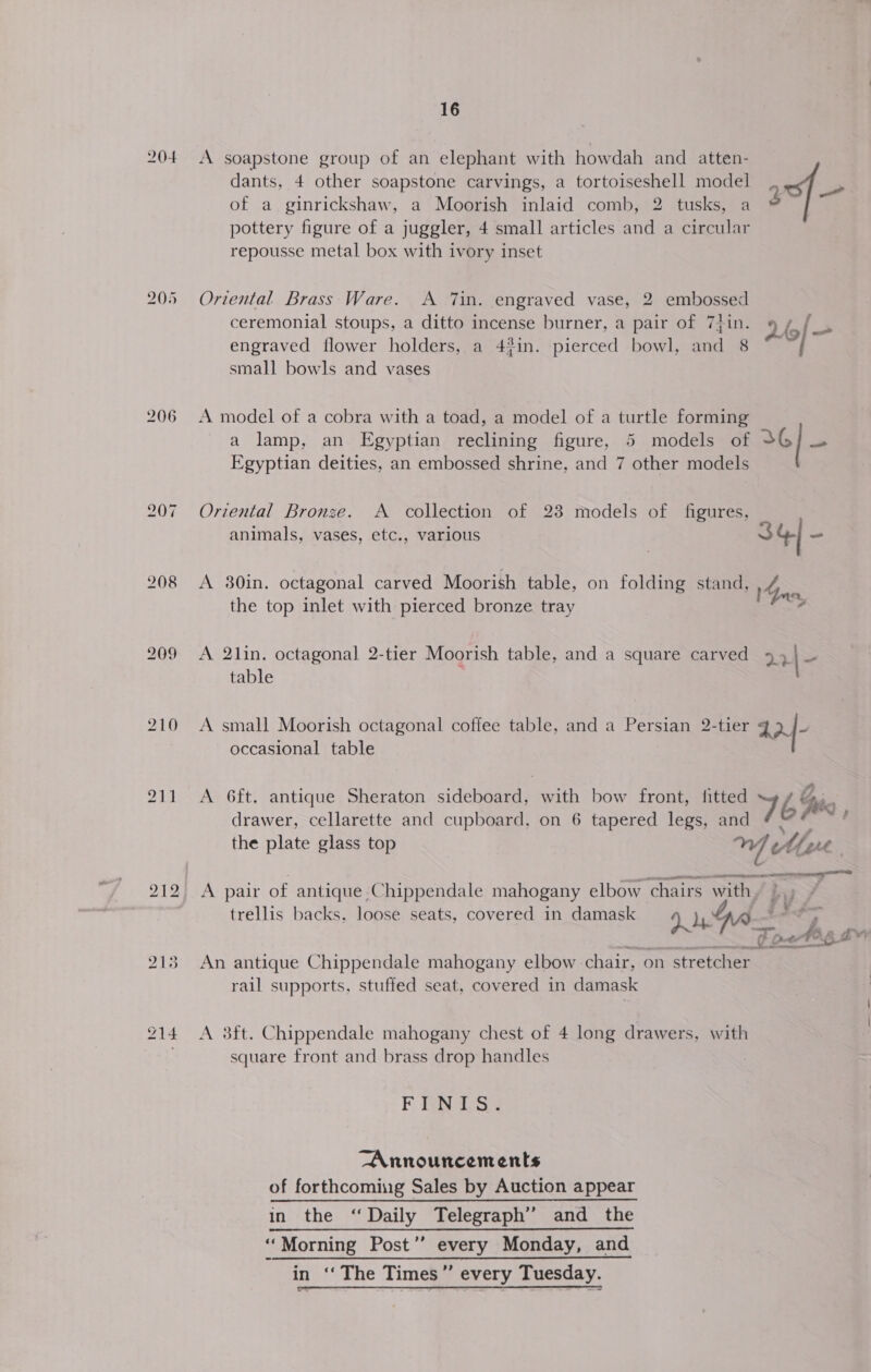 204 A soapstone group of an elephant with howdah and atten- dants, 4 other soapstone carvings, a tortoiseshell model f ee of a ginrickshaw, a Moorish inlaid comb, 2 tusks, a é pottery figure of a juggler, 4 small articles and a circular repousse metal box with ivory inset 205 Oriental Brass Ware. A Tin. engraved vase, 2 mine ceremonial stoups, a ditto incense burner, a pair of 7}in. 9 i a engraved flower holders, a 43in. pierced bowl, and 8 on | small bowls and vases 206 A model of a cobra with a toad, a model of a turtle forming a lamp, an Egyptian reclining figure, 5 models of 36 | — Egyptian deities, an embossed shrine, and 7 other models 207 Oriental Bronze. A collection of 28 models of figures, animals, vases, etc., various 3Y| ~ 208 &lt;A 30in. octagonal carved Moorish table, on folding stand, 4 ; : ; Yue the top inlet with pierced bronze tray 209 A 2lin. octagonal 2-tier Moorish table, and a square carved 4 | - table 210 A small Moorish octagonal coffee table, and a Persian 2-tier 42Y- occasional table 211 A 6ft. antique Sheraton sideboard, with bow front, fitted 76 fe drawer, cellarette and cupboard, on 6 tapered legs, and = the plate glass top Gi: J Me ee apeaemenentniiann: eum A pair of antique Chippendale mahogany elbow chairs We : trellis backs. loose seats, covered in damask rN qs bo et bo at Fag 213 An antique Chippendale mahogany elbow chair, on stretcher. rail supports. stuffed seat, covered in damask 214 &lt;A 38ft. Chippendale mahogany chest of 4 long drawers, with ; square front and brass drop handles 3 E Pe ie Announcements of forthcoming Sales by Auction appear in the “Daily Telegraph’’ and the ‘‘Morning Post” every Monday, and in ‘‘ The Times” every Tuesday.