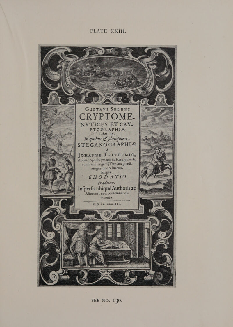 led bo EE GM eg JoHANNE T RITHEMIO, Abbate Spanhcymenfi &amp; Herbipolenfi, - admirandi ingenij Viro, magice eo znigmatice 0.imcon- feripte, ENODATIO | |) tradiur. ,  i Infperfi s ubique Authoris ac. Aliorum, non contemnendis inventis. Aevereernee mene F enaneamemenanaieainenmmmamnasad cio lea Cxx1ill.  SEE NO. 130.