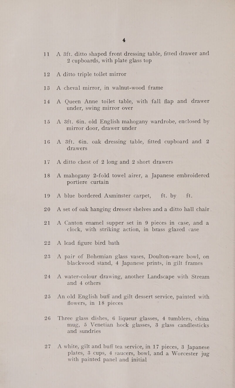 15 16 20 21 4 2 cupboards, with plate glass top A ditto triple toilet mirror A cheval mirror, in walnut-wood frame A Queen Anne toilet table, with fall flap and drawer under, swing mirror over A 38ft. 6in. old English mahogany wardrobe, enclosed by mirror door, drawer under A 8ft. 6in. oak dressing table, fitted cupboard and 2 drawers A ditto chest of 2 long and 2 short drawers A mahogany 2-fold towel airer, a Japanese embroidered portiere curtain A blue bordered Axminster carpet, ft. by. .- ft. A set of oak hanging dresser shelves and a ditto hall chair. A Canton enamel supper set in 9 pieces in case, and a clock, with striking action, in brass glazed case A lead figure bird bath A pair of Bohemian glass vases, Doulton-ware bowl, on blackwood stand, 4 Japanese prints, in gilt frames A water-colour drawing, another Landscape with Stream and 4 others An old English buff and gilt dessert service, painted with flowers, in 18 pieces Three glass dishes, 6 liqueur glasses, 4 tumblers, china mug, 5 Venetian hock glasses, 8 glass candlesticks and sundries A white, gilt and buff tea service, in 17 pieces, 3 Japanese plates, 38 cups, 4 saucers, bowl, and a Worcester jug with painted panel and initial