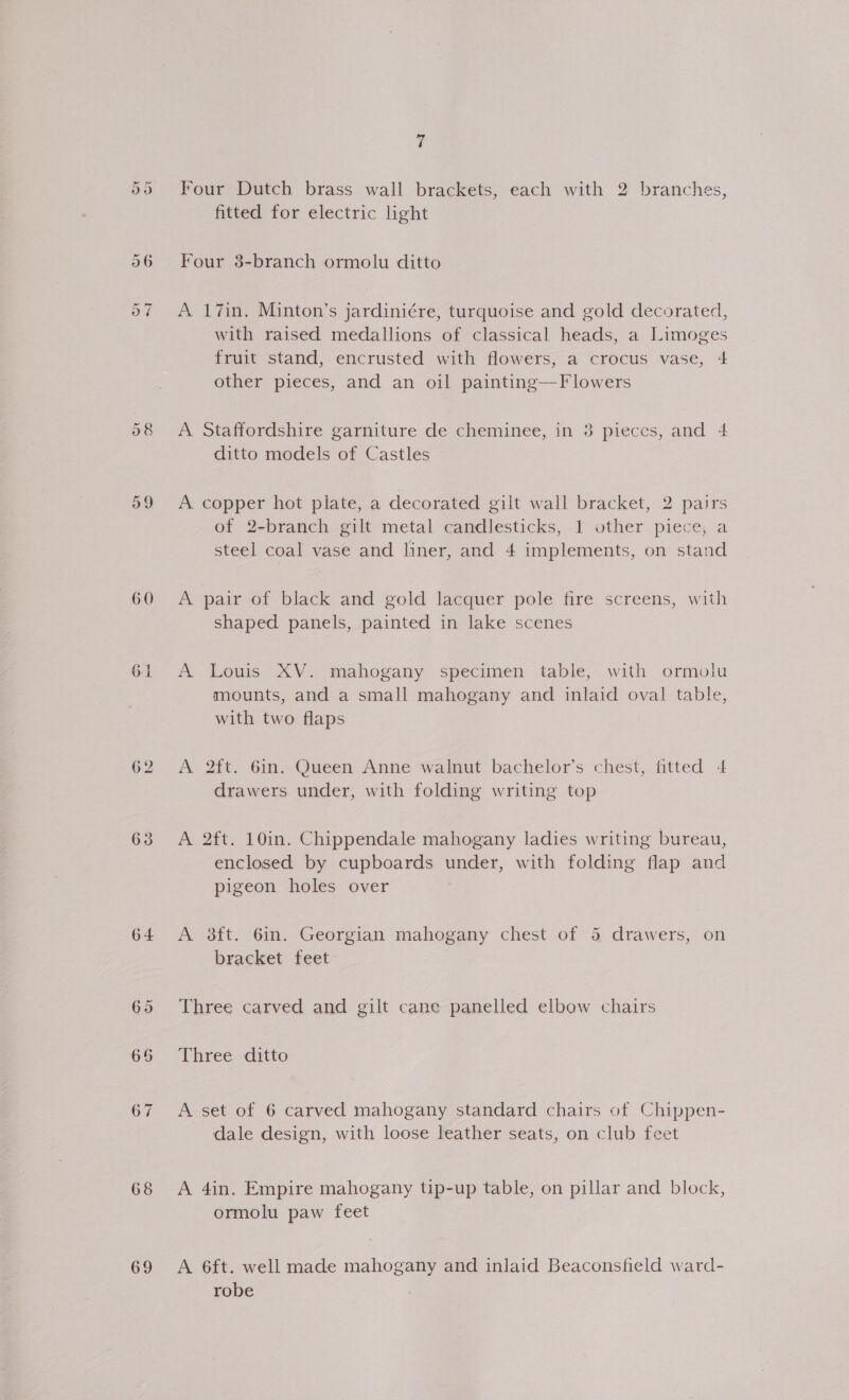 a9 60 61 64 695 68 69 7 Four Dutch brass wall brackets, each with 2 branches, fitted for electric light Four 8-branch ormolu ditto A 17in. Minton’s jardiniére, turquoise and gold decorated, with raised medallions of classical heads, a Limoges fruit stand, encrusted with flowers, a crocus vase, 4 other pieces, and an oil painting—Flowers A Staffordshire garniture de cheminee, in 38 pieces, and 4 ditto models of Castles A copper hot plate, a decorated gilt wall bracket, 2 pairs of 2-branch gilt metal candlesticks, 1 other piece, a steel coal vase and liner, and 4 implements, on stand A pair of black and gold lacquer pole fire screens, with shaped panels, painted in lake scenes A Louis XV. mahogany specimen table, with ormolu mounts, and a small mahogany and inlaid oval table, with two flaps A 2ft. 6in. Queen Anne walnut bachelor’s chest, fitted 4 drawers under, with folding writing top A 2ft. 10in. Chippendale mahogany ladies writing bureau, enclosed by cupboards under, with folding flap and pigeon holes over A 38ft. 6m. Georgian mahogany chest of 5 drawers, on bracket feet Three carved and gilt cane panelled elbow chairs Three ditto A set of 6 carved mahogany standard chairs of Chippen- dale design, with loose leather seats, on club feet A 4in. Empire mahogany tip-up table, on pillar and block, ormolu paw feet A 6ft. well made mahogany and inlaid Beaconsfield ward- robe