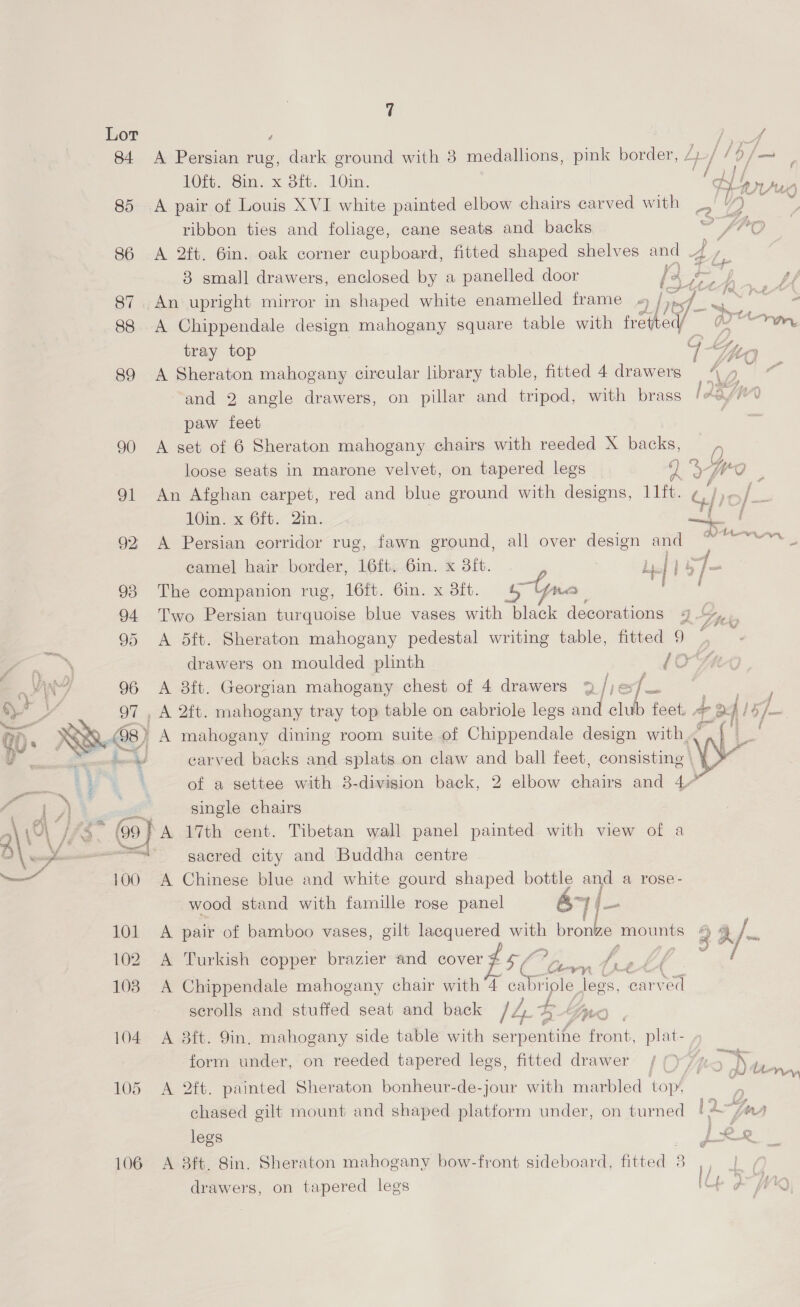 Lot ’ Rey, 84 A Persian rug, dark ground with 38 medallions, pink border, Lp] /6/— 10ft. Sin. x Bft. 10in. ce Le: 85 A pair of Louis XVI white painted elbow chairs carved with _. a a ie ribbon ties and foliage, cane seats and backs ofPO 86 A 2ft. 6in. oak corner cupboard, fitted shaped shelves and 4 es 3 small drawers, enclosed by a panelled door [: a i ¥ wy, a - ~ fre 87 ‘e upright mirror in shaped white enamelled frame -« ef_~ . 88 A Chippendale design mahogany square table with trated Dim, tray top Gg 89 A Sheraton mahogany circular library table, fitted 4 drawers An ii and 2 angle drawers, on pillar and tripod, with brass / AB Ww paw feet | 90 A set of 6 Sheraton mahogany chairs with reeded X backs, —, loose seats in marone velvet, on tapered legs ie i. jee 91 An Afghan carpet, red and blue ground with designs, 11t. Gy 10in. x 6ft. 2in. 92 A Persian corridor rug, fawn ground, all over design and Fa Pf 2 § Dt camel hair border, 16ft. 6in. x 3ft. Lf i 93 The companion rug, 16ft. 6in. x 3ft. 4° Yrea hae 94 Two Persian turquoise blue vases with black decorations op 95 A dft. Sheraton mahogany pedestal writing table, fitted 9 drawers on moulded plinth LOF A 8ft. Georgian mahogany chest of 4 drawers 9 fie ie _ A 2ft. mahogany tray top table on cabriole legs and club feet. «> L a4 = 8) ' A mahogany dining room suite of Chippendale design with. Ww x a A Ae carved backs and splats on claw and ball feet, consisting } } of a settee with 38-division back, 2 elbow ebaes and 4/7  i J p AS a single chairs al \ Ol / $s. (99 } A 17th cent. Tibetan wall panel painted with view of a a\\ wes al sacred city and Buddha centre — 100 A Chinese blue and white gourd shaped bottle and a rose- wood stand with famille rose panel &amp; 14— 101 A pair of bamboo vases, gilt lacquered with beonk ze mounts 2 2] 102 A Turkish copper brazier and cover # 4/7? Ce ee ry _€ 103 A Chippendale mahogany chair with 4 cabriple legs, es scrolls and stuffed seat and back /Z-4 De 7 2 104 A 38ft. 9in, mahogany side table with Nn front, plat- form under, on reeded tapered legs, fitted drawer m3 Nag : ; g [VLE gi tm 105 A 2ft. painted Sheraton bonheur-de-jour with marbled top, chased gilt mount and shaped platform under, on turned | 2: iy) k legs vi 28 106 A 8ft. Sin. Sheraton mahogany bow-front sideboard, fitted 3 | | drawers, on tapered legs Cb OW
