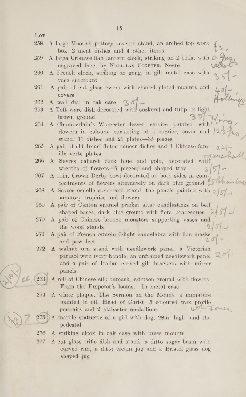 es 276 277 15 A large Moorish pottery vase on stand, an arched top work ts, box, 2 meat dishes and 4 other items A large Cromwellian lantern elock, striking on 2 bells, with Q ye  engraved face, by NicHoLas CoxETER, Neere \Albe te * A French clock, striking on gong, in gilt meta! case with A is vase surmount ey A pair of cut glass ewers with chased plated mounts and bts} — covers Boh A wall dial in oak case “% be Hethnes A Toft ware dish decorated witlt cockerel and tulip on light brown ground SOl—47, | i A Chamberlain’s Worcester dessert service painted ohn flowers in colours, consisting of a sucrier, cover and | 2 ; - stand, 11 dishes and 21 plates—35 pieces alas A pair of old Imari fluted saucer dishes and 8 Chinese fam- 49 9) — ille verte plates rf) ee A Sevres cabaret, dark blue and gold, decorated witht wreaths of flowers—7 pieces; and shaped tray A llin. Crown Derby bow! decorated on both sides in com oe ¥ partments of flowers alternately on dark blue ground |? vw‘ A Sevres ecuelle cover and stand, the panels painted eh DART amatory trophies and flowers nae A pair of Canton enamel pricket altar candlesticks on bell shaped bases, dark blue ground with floral arabesques 2/ 9/ —! A pair of Chinese bronze monsters supporting vases and _ the wood stands LL) O Led A pair of French ormolu 6-light candelabra with lon masks no and paw feet ss as A walnut urn stand with needlework panel, a Victorian parasol with ivory handle, an unframed needlework panel ~~ and a pair of Italian carved gilt brackets with mirror panels From the Emperor’s looms. In metal case A white plaque, The Sermon on the Mount, a miniature painted in oil, Head of Christ, 5 coloured wax ree portraits and 2 alabaster medallions G2 p—yeeg -A marble statuette of a girl with dog, 28in. high, and the pedestal A striking clock in oak case with brass mounts A cut glass trifle dish and stand, a ditto sugar basin with curved rim, a ditto cream jug and a Bristol glass dog shaped jug