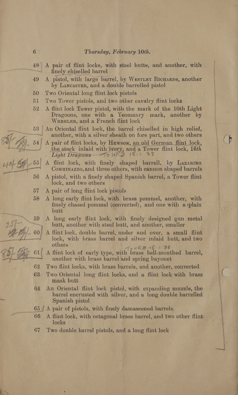 — ~ a 56 57 58 ni i em 59 Me fy . 60 ee oY a ee oe a Chi slr 61\ pl | os ri ei « aint 62 63 64 66 67 Thursday, February 10th. finely chiselled barrel by LancastEr, and a double barrelled pistol Two Oriental long flint lock pistols . T'wo Tower pistols, and two other cavalry flint locks A flint lock Tower pistol, with the mark of the 10th Light Dragoons, one with a Yeomanry - mark, another by WHEELER, and a French flint lock An Oriental flint lock, the barrel chiselled in high relief, another, with a silver sheath on fore part, and two others. A pair of flint locks, by Huwson, an old German. flint lock, the steck inlaid with i Ivory, and a Tower flint lock, 16th Light Dragoons —-F9 HI2 FB A flint lock, with finely ee barrell, by Lazarrno Comminazzo, and three others, with cannon shaped barrels. A pistol, with a finely shaped Spanish barrel, a Tower flint lock, and two others A pair of long flint lock pistols A long early flint lock, with brass pommel, come with finely chased pommel (converted), and one with a ‘plain butt A long early flint lock, with finely designed gun metal butt, another with steel butt, and another, smaller lock, with brass baride and silver inlaid butt, and two others Bist. another with brass barrel and spring bayonet Two flint locks, with brass barrels, and another, converted Two Oriental long flint locks, and a flint lock with brass mask butt An Oriental. flint lock pistol, with expanding muzzle, the barrel encrusted with silver, and a long double barrelled Spanish pistol A flint lock, with octagonal brass barrel, and two other. flint locks Two double barrel pistols, and a long flint lock