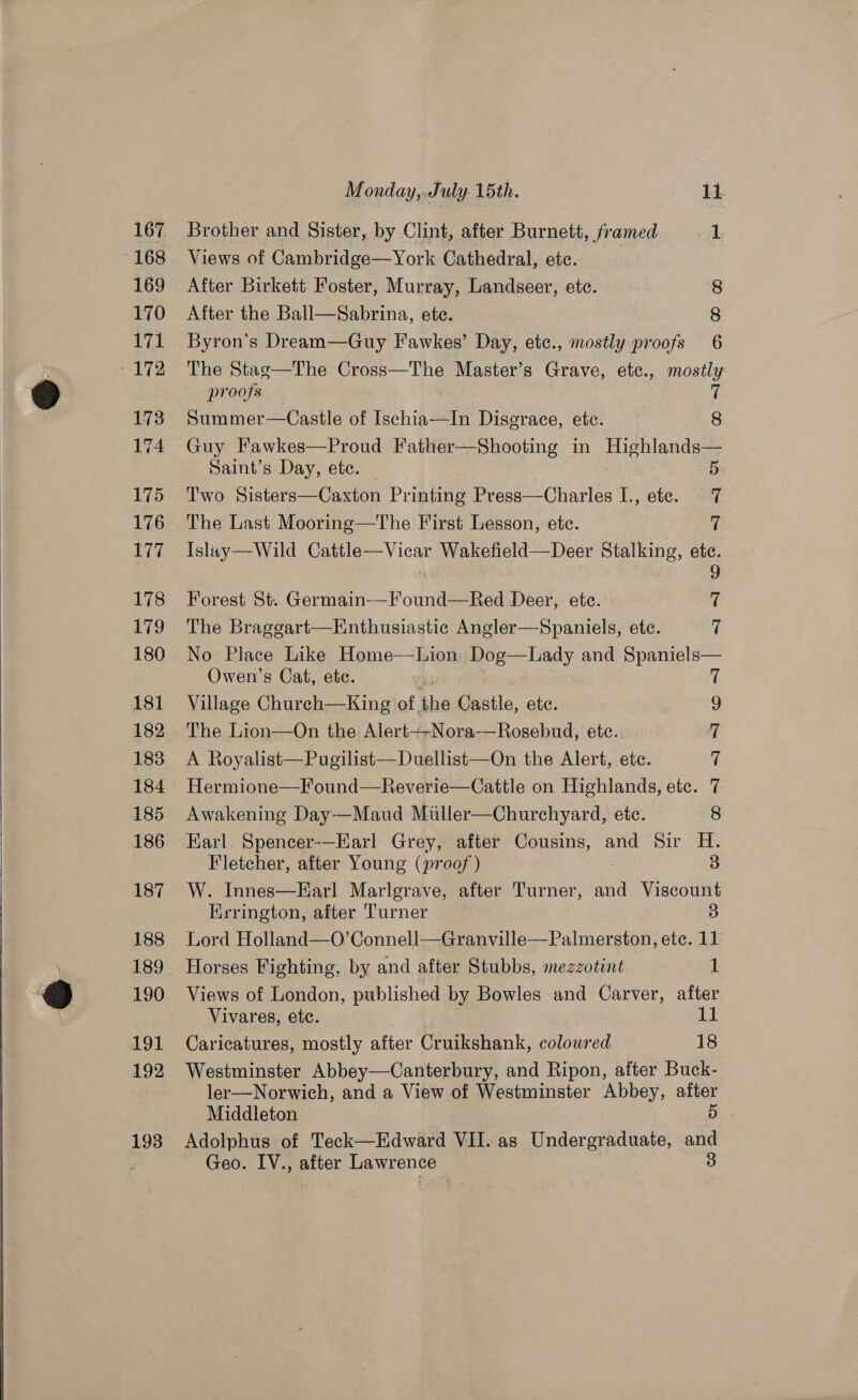      167 168 169 170 171 172 173 174 175 176 sy ore 178 179 180 181 182 183 184 185 186 187 188 189 190 191 192 193 Monday,.July. 15th. fit a Brother and Sister, by Clint, after Burnett, framed Views of Cambridge—York Cathedral, ete. After Birkett Foster, Murray, Landseer, etc. 8 After the Ball—Sabrina, ete. 8 Byron’s Dream—Guy Fawkes’ Day, etc., mostly proofs 6 The Stag—The Cross—The Master’s Grave, ete., mostly proofs 7 Summer—Castle of Ischia—In Disgrace, ete. 8 Guy Fawkes—Proud Father—Shooting in Highlands— Saint’s Day, ete. 5 Two Sisters—Caxton Printing Press—Charles I., ete. 7 The Last Mooring—The First Lesson, ete. 7 Islay—Wild Cattle—Vicar Wakefield—Deer Stalking, etc. 9 Forest St. Germain-—Found—Red Deer, ete. 7 The Brageart—Enthusiastic Angler—Spaniels, ete. 7 No Place Like Home—Lion Dog—Lady and Spaniels— Owen’s Cat, ete. Village Church—King of the Castle, ete. The Lion—On the Alert+-Nora—Rosebud, ete. A Royalist—Pugilist—Duellist—On the Alert, ete. Hermione—Found—Reverie—Cattle on Highlands, etc. Awakening Day-—Maud Muller—Churchyard, etc. Earl. Spencer-—Earl Grey, after Cousins, and Sir H. aoanarra sn oo ~ Fletcher, after Young (proof ) 3 W. Innes—Earl Marlgrave, after Turner, and Viscount Errington, after Turner 3 Lord Holland—O’Connell—Granville—Palmerston, ete. 11 Horses Fighting, by and after Stubbs, mezzotint 1 Views of London, published by Bowles and Carver, after Vivares, etc. LL Caricatures, mostly after Cruikshank, colowred 18 Westminster Abbey—Canterbury, and Ripon, after Buck- ler—Norwich, and a View of Westminster Abbey, after Middleton 5 Adolphus of Teck—Edward VII. as Undergraduate, and