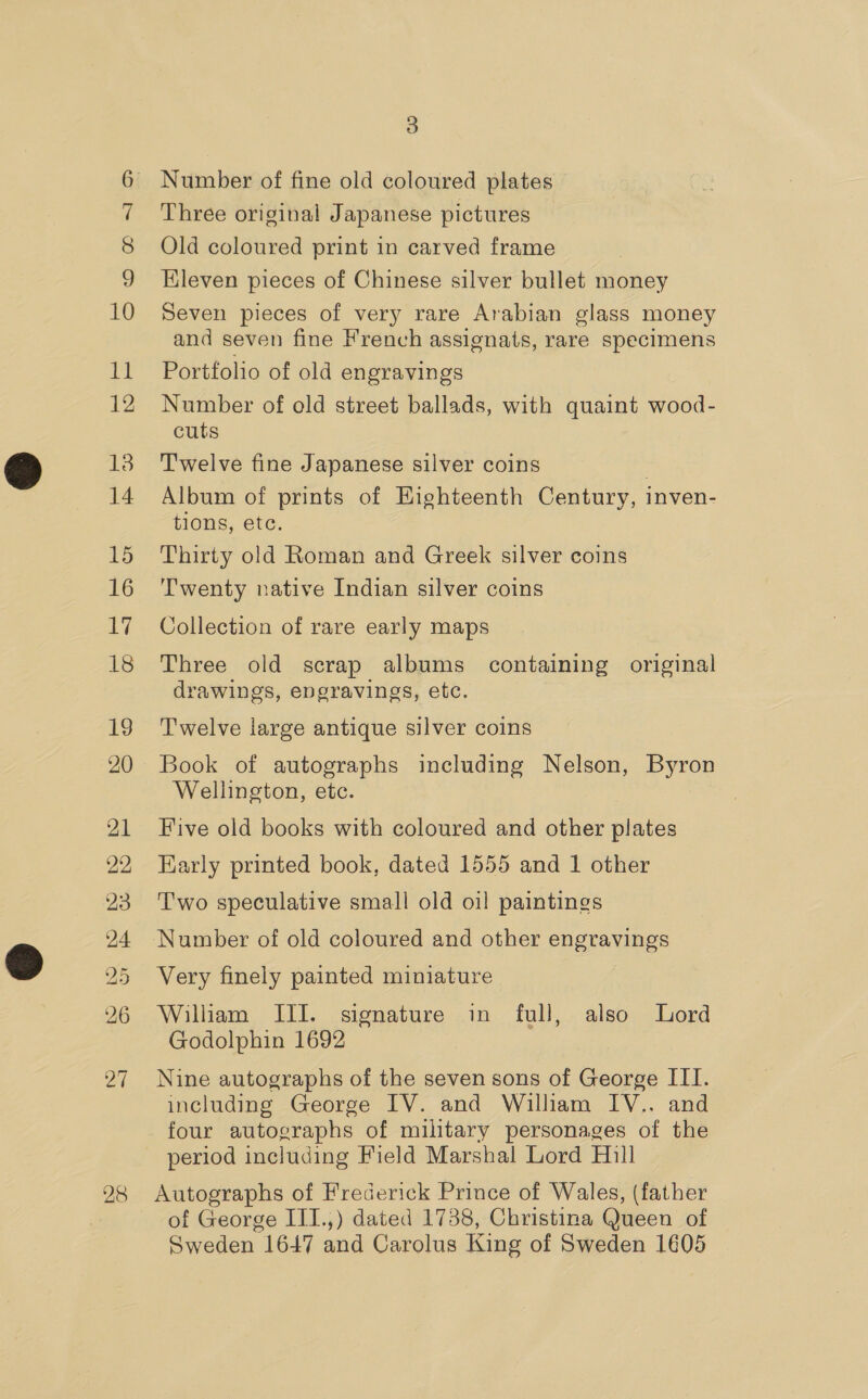 10 dig 12 13 14 15 16 ily! 18 19 21 22 23 24 25 26 28 3 Number of fine old coloured plates Three original Japanese pictures Old coloured print in carved frame Eleven pieces of Chinese silver bullet money Seven pieces of very rare Arabian glass money and seven fine French assignats, rare specimens Portfolio of old engravings Number of old street ballads, with quaint wood- cuts Twelve fine Japanese silver coins Album of prints of Eighteenth Century, inven- tions, ete. Thirty old Roman and Greek silver coins Twenty native Indian silver coins Collection of rare early maps Three old scrap albums containing original drawings, engravings, etc. Twelve large antique silver coins Book of autographs including Nelson, Byron Wellington, etc. Five old books with coloured and other plates Early printed book, dated 1555 and 1 other Two speculative small old oil paintings Number of old coloured and other engravings Very finely painted miniature William III. signature in full, also lord Godolphin 1692 Nine autographs of the seven sons of George III. including George IV. and Wilham IV.. and four autographs of military personages of the period including Field Marshal Lord Hill Autographs of Frederick Prince of Wales, (father of George III.,) dated 1738, Christina Queen of Sweden 1647 and Carolus King of Sweden 1605