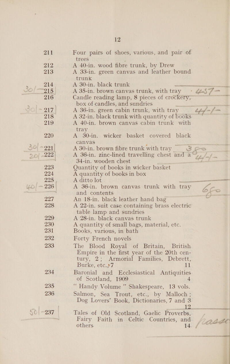 211 212 213 214 wAt) 216 218 219 220 221) 223 224 227 228 229 230 231 232 233 234 235 236 12 Four pairs of shoes, various, and pair of trees A 40-in. wood fibre trunk, by Drew A 33-in. green canvas and leather bound trunk A 30-in. black trunk &lt;inimnensvslionesictietiioas A 35-in. brown canvas trunk, with tray ' B$7—- Candle reading lamp, 8 pieces of crockery,’ ¥ box of candles, and sundries iain rs A 36-in. green cabin trunk, with tray ofeal = f — A 32-in. black trunk with quantity of books . A 40-in. brown canvas cabin trunk with tray A 30-in. wicker basket covered black canvas : = A 30-in. brown fibre trunk with tray 3 A 36-in. zinc-lined travelling chest and a™, 34-in. wooden chest _ Quantity of books in wicker basket A quantity of books in box A ditto lot enn A 36-in. brown canvas trunk with tray Pas and contents a An 18-in. black leather hand bag 8 A 22-in. suit case containing brass electric’ table lamp and sundries A 28-in. black canvas trunk A quantity of small bags, material, etc. Books, various, in bath Forty French novels The Blood Royal of Britain, British Empire in the first year of the 20th cen- tury, 2° Armosial Pamulies, Debrett, Burke, etc.,:7 11 Baronial and Ecclesiastical Antiquities of Scotland, 1909 4 ‘ Handy Volume ” Shakespeare, 13 vols. Salmon, Sea‘ Trout, ‘etc),; by Malloch &gt; Dog Lovers’ Book, Dictionaries, 7 and 3 En ae DY by Tales of Old Scotland, Gaelic Proverbs,. | Fairy Faith in Celtic Countries, and edd others. 14. f
