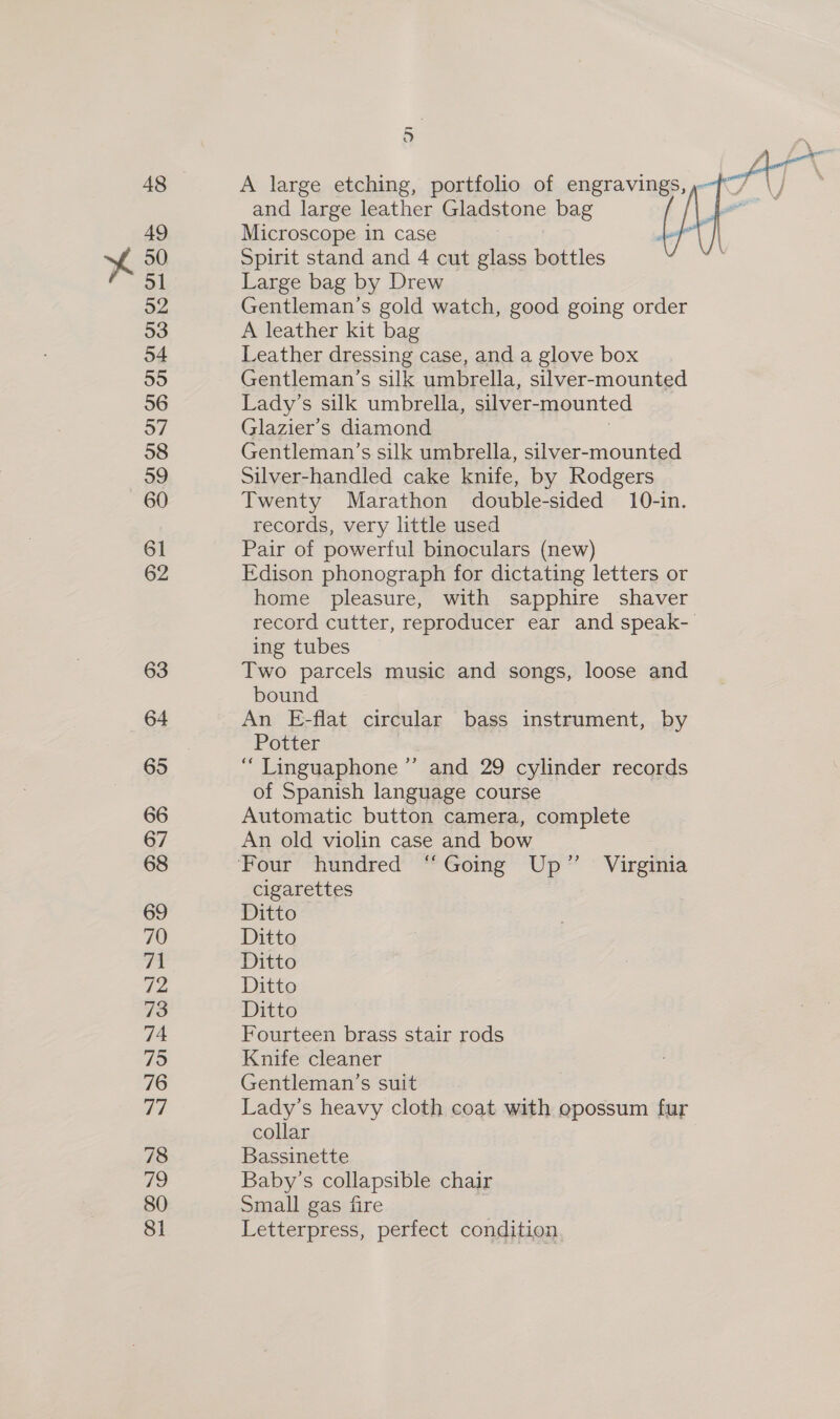 48 49 50 51 52 53 54 55 56 57 58 59 60 61 62 63 64 65 66 67 69 70 71 72 73 74 (ge, 76 77 78 ice, 80 81 ~ o and large leather Gladstone bag Microscope in case Spirit stand and 4 cut glass bottles Large bag by Drew Gentleman’s gold watch, good going order A leather kit bag Leather dressing case, and a glove box Gentleman’s silk umbrella, silver-mounted Lady’s silk umbrella, silver- mounted Glazier’s diamond Gentleman’s silk umbrella, silver-mounted Silver-handled cake knife, by Rodgers Twenty Marathon double-sided 10-in. records, very little used Pair of powerful binoculars (new) Edison phonograph for dictating letters or home pleasure, with sapphire shaver ing tubes Two parcels music and songs, loose and bound An E-flat circular bass instrument, by Potter “ Linguaphone ”’ and 29 cylinder records of Spanish language course Automatic button camera, complete An old violin case and bow cigarettes Ditto Ditto Ditto Ditto Ditto Fourteen brass stair rods Knife cleaner Gentleman’s suit Lady’s heavy cloth coat with opossum fur collar Bassinette Baby’s collapsible chair Small gas fire Letterpress, perfect condition