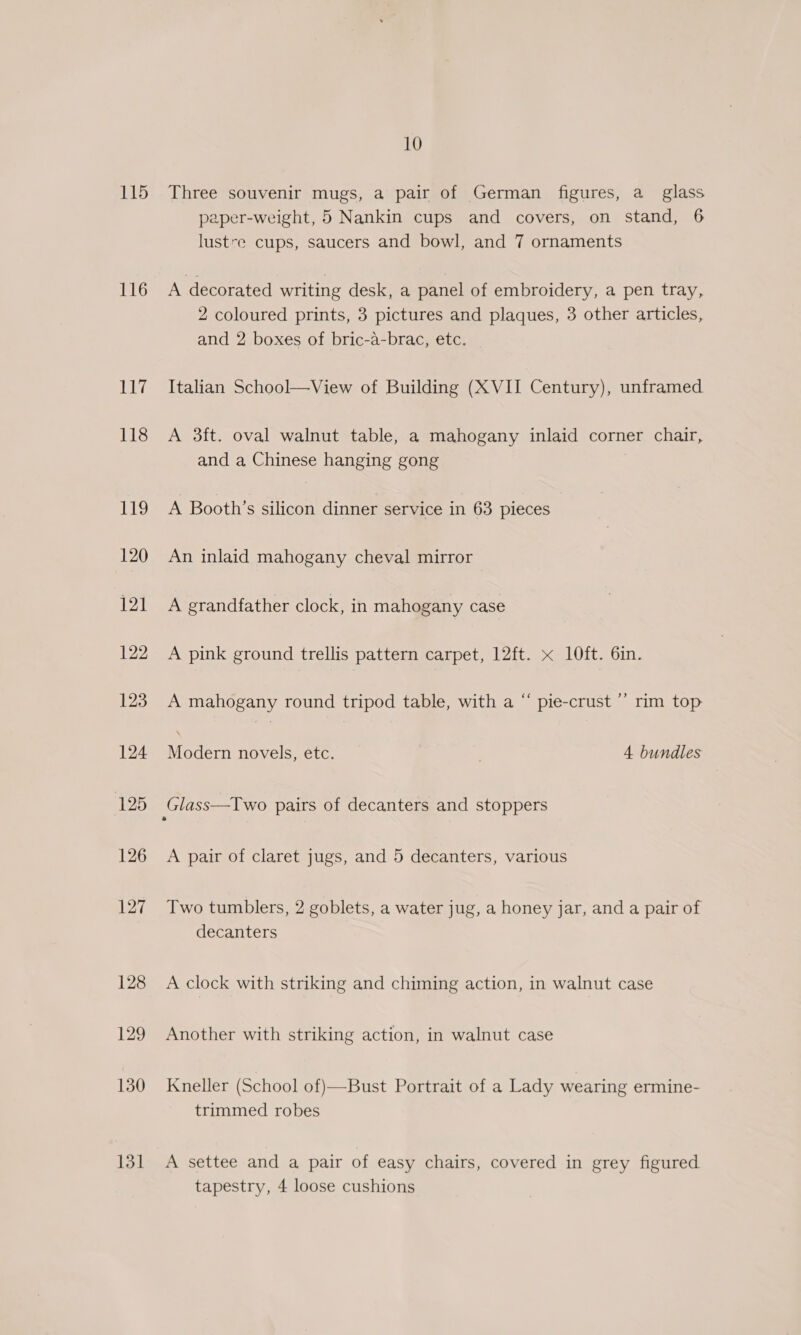 115 116 117 118 11g 131 10 Three souvenir mugs, a pair of German figures, a_ glass paper-weight, 5 Nankin cups and covers, on stand, 6 lustre cups, saucers and bowl, and 7 ornaments A decorated writing desk, a panel of embroidery, a pen tray, 2 coloured prints, 3 pictures and plaques, 3 other articles, and 2 boxes of bric-a-brac, etc. Italian School—View of Building (XVII Century), unframed A 3ft. oval walnut table, a mahogany inlaid corner chair, and a Chinese hanging gong | A Booth’s silicon dinner service in 63 pieces An inlaid mahogany cheval mirror A grandfather clock, in mahogany case A pink ground trellis pattern carpet, 12ft. x 1l0ft. 6in. A mahogany round tripod table, with a “ pie-crust ’’ rim top Modern novels, etc. | 4 bundles Glass—Two pairs of decanters and stoppers A pair of claret jugs, and 5 decanters, various Two tumblers, 2 goblets, a water jug, a honey jar, and a pair of decanters A clock with striking and chiming action, in walnut case Another with striking action, in walnut case Kneller (School of)—Bust Portrait of a Lady wearing ermine- trimmed robes A settee and a pair of easy chairs, covered in grey figured