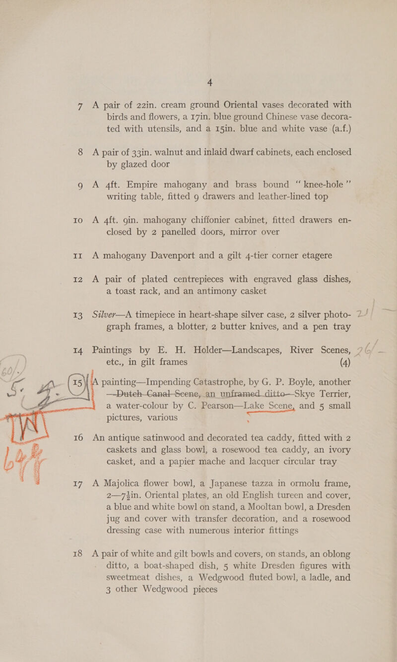 7 &lt;A pair of 22in. cream ground Oriental vases decorated with birds and flowers, a 17in. blue ground Chinese vase decora- ted with utensils, and a 15in. blue and white vase (a.f.) 8 A pair of 33in. walnut and inlaid dwarf cabinets, each enclosed by glazed door 9 A 4ft. Empire mahogany and brass bound “ knee-hole ”’ writing table, fitted 9 drawers and leather-lined top to A 4ft. oin. mahogany chiffonier cabinet, fitted drawers en- closed by 2 panelled doors, mirror over tr A mahogany Davenport and a gilt 4-tier corner etagere 12 A pair of plated centrepieces with engraved glass dishes, a toast rack, and an antimony casket 13 Szlver—A timepiece in heart-shape silver case, 2 silver photo- graph frames, a blotter, 2 butter knives, and a pen tray 14 Paintings by E. H. Holder—Landscapes, River Scenes, etc., in gilt frames (4) painting—Impending Catastrophe, by G. P. Boyle, another —-Duteh—Ganal-—Seene, an unframedditto—Skye Terrier, a water-colour by C. Pearson—Lake Scene, and 5 small pictures, various »  16 An antique satinwood and decorated tea caddy, fitted with 2 caskets and glass bowl, a rosewood tea caddy, an ivory casket, and a papier mache and lacquer circular tray : 17 A Majolica flower bowl, a Japanese tazza in ormolu frame, 2—74in. Oriental plates, an old English tureen and cover, a blue and white bowl on stand, a Mooltan bowl, a Dresden jug and cover with transfer decoration, and a rosewood dressing case with numerous interior fittings 18 A pair of white and gilt bowls and covers, on stands, an oblong ditto, a boat-shaped dish, 5 white Dresden figures with sweetmeat dishes, a Wedgwood fluted bowl, a ladle, and 3 other Wedgwood pieces