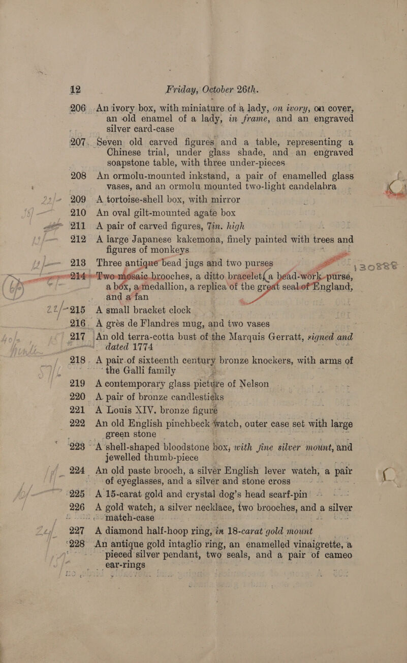 213 Qe an old enamel of a lady, in frame, and an engraved silver card-case Chinese trial, under glass shade, and an hee soapstone table, with three under-pieces An ormolu-mounted inkstand, a pair of enamelled glass vases, and an ormolu mounted two-light candelabra A tortoise-shell box, with mirror An oval gilt-mounted agate box A pair of carved figures, Tin. high A large Japanese kakemona, finely painted with trees and figures of monkeys i Three antique bead jugs and two purses r ae eal: wSnalent a, box, a medallion, a replica of the gr and a fan : iss ‘the Galli family i A contemporary glass pietiire of Nelson A pair of bronze candlesticks An old English pinchbeck watch, outer case set with large green stone jewelled thumb-piece of eyeglasses, and a silver and stone cross A gold watch, a silver necklace, two brooches, and a silver A diamond half-hoop ring, in 18-carat gold mount | ‘pieced ‘silver pendant, two seals, and a pair of cameo ear- fies | +