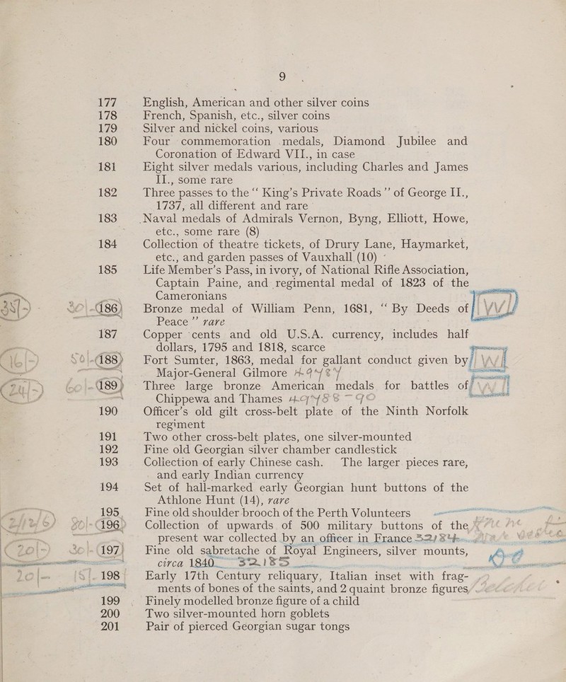 _ \ ud S English, American and other silver coins French, Spanish, etc., silver coins Silver and nickel coins, various Four commemoration .medals, Diamond Jubilee and Coronation of Edward VII., in case Fight silver medals various, including Charles and James II., some rare | Three passes to the “‘ King’s Private Roads”’ of George IT., 1737, all different and rare etc., some rare (8) Collection of theatre tickets, of Drury Lane, Haymarket, etc., and garden passes of Vauxhall. (10) ° Life Member’s Pass, in ivory, of National Rifle Association, Captain Paine, and regimental medal of 1823 of the —_—| Cameronians 3 fs segs Bronze medal of William Penn, 1681, “ By eee off; ¥V Peace.” rare Copper. cents. and old: U.S.A. ‘currency, heli half dollars, 1795 and 1818, scarce wi Fort Sumter, 1863, medal for gallant conduct given byl WI Major- -General Gilmore +. qe  Chippewa and Thames 975 bet Officer’s old gilt cross-belt aEAe. re a Ninth Norfolk regiment Two other cross-belt plates, one silver-mounted Fine old Georgian silver chamber candlestick Coliection of early Chinese cash. The larger pieces rare, - and early Indian currency Set of hall-marked early Georgian hunt buttons of the Athlone Hunt (14), vare Fine old shoulder brooch of the Perth Volunteers 9 = Collection of upwards of 500 military buttons of the ~ present war collected .by an officer in France 32) 3 Yeecng J B/* © Fine old sabretache of Royal Engineers, silver mounts, ath Early 17th Century reliquary, Italian inset with frag- ments of bones of the saints, and 2 quaint bronze figures Finely modelled bronze figure ofa child Two silver-mounted horn goblets Pair of pierced Georgian sugar tongs
