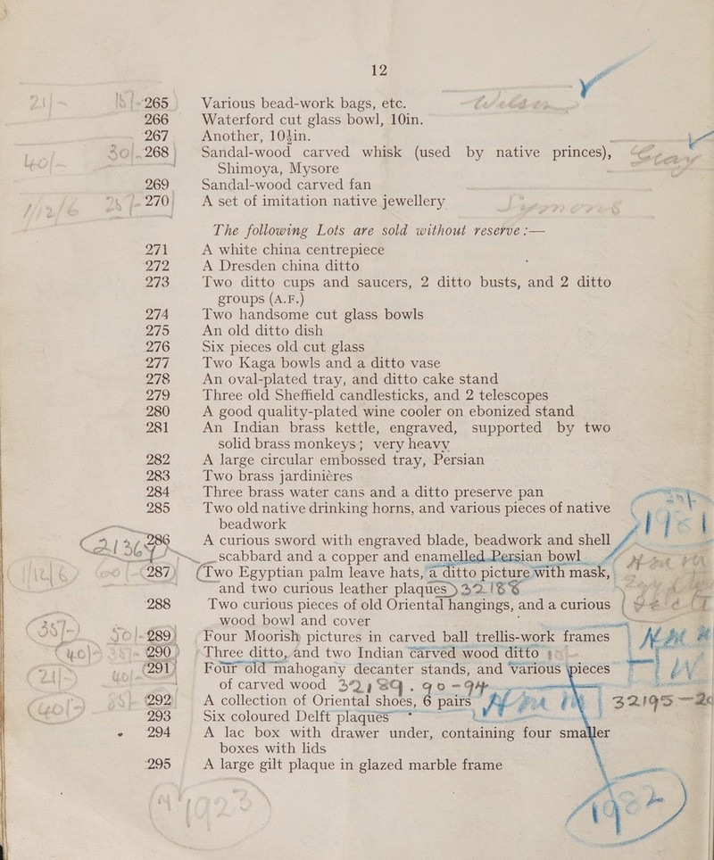 ‘265 266 267 40) 268 269 270 12 Various bead-work bags, etc. Waterford cut glass bowl, 10in. Another, 104in. Shimoya, Mysore Sandal-wood carved fan A set of imitation native jewellery The following Lots are sold without reserve :— A white china centrepiece A Dresden china ditto groups (A.F.) Two handsome cut glass bowls An old ditto dish Six pieces old cut glass Two Kaga bowls and a ditto vase An oval-plated tray, and ditto cake stand Three old Sheffield candlesticks, and 2 telescopes A good quality-plated wine cooler on ebonized stand. An Indian brass kettle, engraved, supported by solid brass monkeys; very heavy A large circular embossed tray, Persian Two brass jardiniéres Three brass water cans and a ditto preserve pan two beadwork   (Two Egyptian palm leave hats, a and two curious leather plaques) 32/86 wood bowl and cover Three ditto, and two Indian ¢arvéd wood ditto te Four old mahogany decanter stands, and Various (pi of carved wood 394%Q.qoe- Pg A collection of Oriental shoes, 6 ‘pairs : A : 1x coloured Delft Ae ee lest icone boxes with lids A large gilt plaque in glazed marble frame 