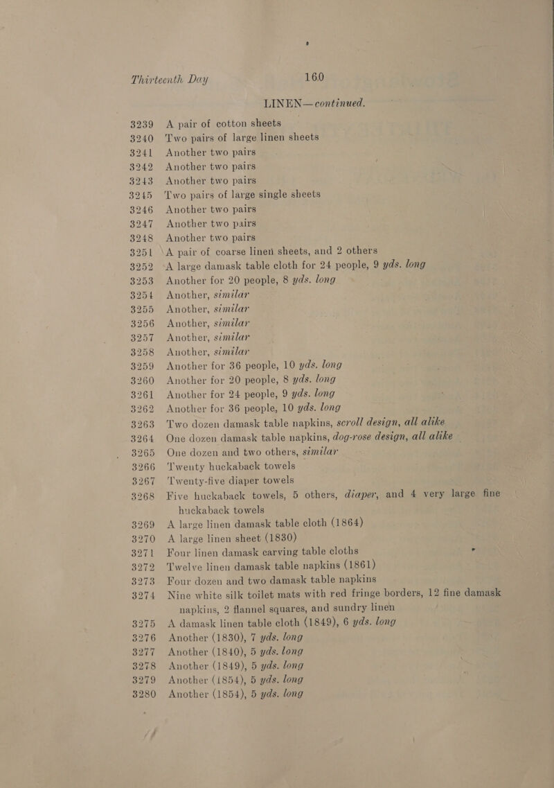 LINEN— continued. 3239 A pair of cotton sheets 3240 Two pairs of large linen sheets $241 Another two pairs 3242 Another two pairs 3243 Another two pairs 3245 Two pairs of large single sheets 3246 Another two pairs 3247 Another two pairs 3248 Another two pairs 3251 \A pair of coarse linen sheets, and 2 others 3252 &lt;A large damask table cloth for 24 people, 9 yds. long 3253 Another for 20 people, 8 yds. long 3254 Another, s¢milar 3255 Another, s¢mlar 3256 Another, simelar 3257 Another, simelar 3258 Another, s¢milar 3259 Another for 36 people, 10 yds. long 3260 Another for 20 people, 8 yds. long 3261 Another for 24 people, 9 yds. long 3262 Another for 36 people, 10 yds. long 3263 Two dozen damask table napkins, scroll design, all altke 3264 One dozen damask table napkins, dog-rose design, all alike © 3265 One dozen and two others, semzlar 3266 ‘l'wenty huckaback towels 3267 ‘Iwenty-five diaper towels 3968 Five huckaback towels, 5 others, diaper, and 4 very large fine huckaback towels 3269 &lt;A large linen damask table cloth (1864) 3270 A large linen sheet (1830) 3271 Four linen damask carving table cloths . 3272 Twelve linen damask table napkins (1861) 3273 Four dozen and two damask table napkins 3974 Nine white silk toilet mats with red fringe borders, 12 fine damask napkins, 2 flannel squares, and sundry linen | 3275 A damask linen table cloth (1849), 6 yds. long 3276 Another (1830), 7 yds. long 3277 Another (1840), 5 yds. long 3278 Another (1849), 5 yds. long 3279 Another (1854), 5 yds. long 3280 Another (1854), 5 yds. long