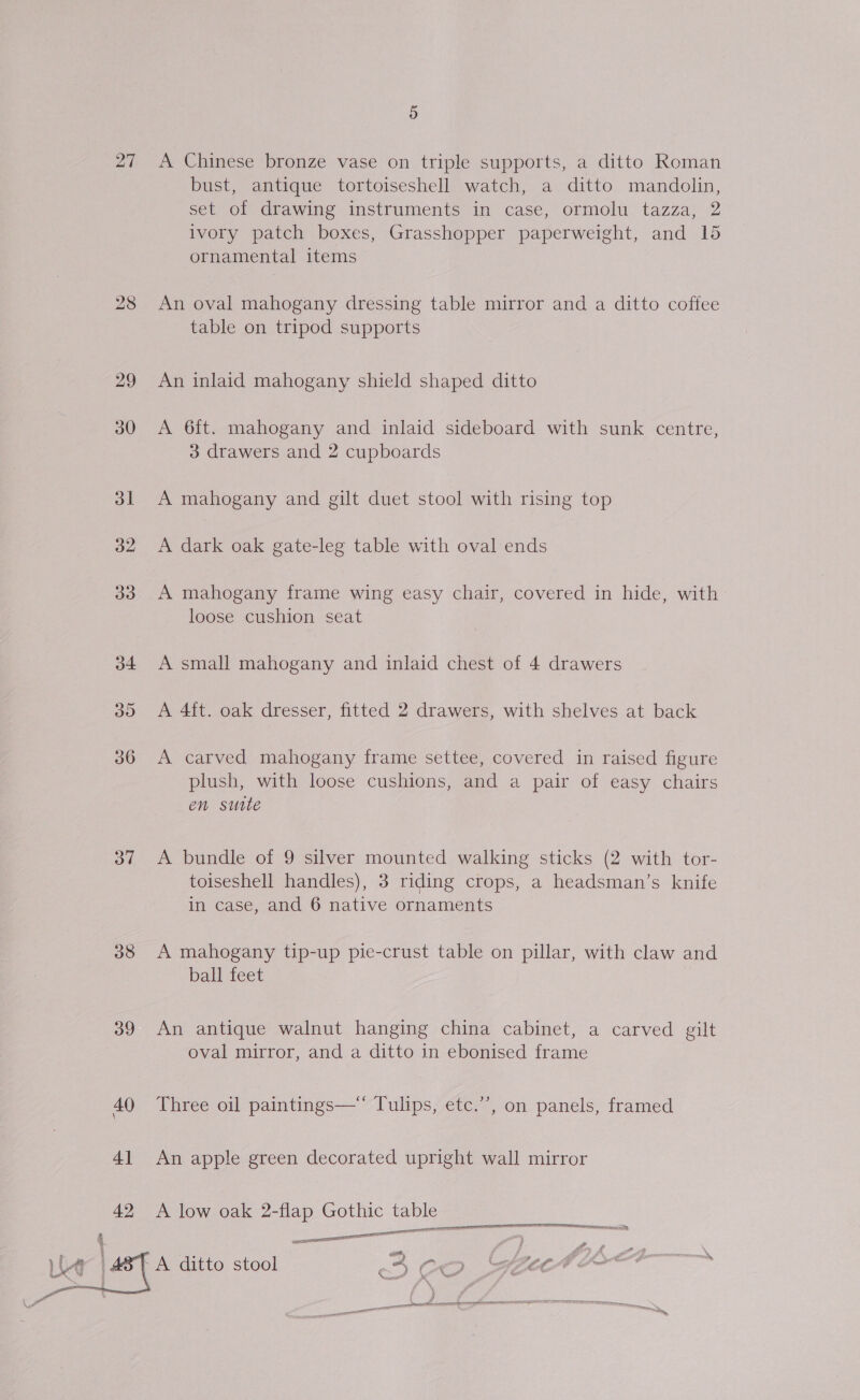 27 od 38 oo  5 A Chinese bronze vase on triple supports, a ditto Roman bust, antique tortoiseshell watch, a ditto mandolin, set of drawing instruments in case, ormolu tazza, 2 ivory patch boxes, Grasshopper paperweight, and 15 ornamental items An oval mahogany dressing table mirror and a ditto coffee table on tripod supports An inlaid mahogany shield shaped ditto A 6ft. mahogany and inlaid sideboard with sunk centre, 3 drawers and 2 cupboards A mahogany and gilt duet stool with rising top A dark oak gate-leg table with oval ends A mahogany frame wing easy chair, covered in hide, with loose cushion seat A small mahogany and inlaid chest of 4 drawers A 4ft. oak dresser, fitted 2 drawers, with shelves at back A carved mahogany frame settee, covered in raised figure plush, with loose cushions, and a pair of easy chairs en suite A bundle of 9 silver mounted walking sticks (2 with tor- toiseshell handles), 3 riding crops, a headsman’s knife in case, and 6 native ornaments A mahogany tip-up pie-crust table on pillar, with claw and ball feet b An antique walnut hanging china cabinet, a carved gilt oval mirror, and a ditto in ebonised frame Three oil paintings—‘‘ Tulips, etc.”’, on panels, framed An apple green decorated upright wall mirror A low oak 2-flap Gothic table ieee aa veces aes f &amp;., £ at, Nemes _—— acer ememeeaaill sli ii