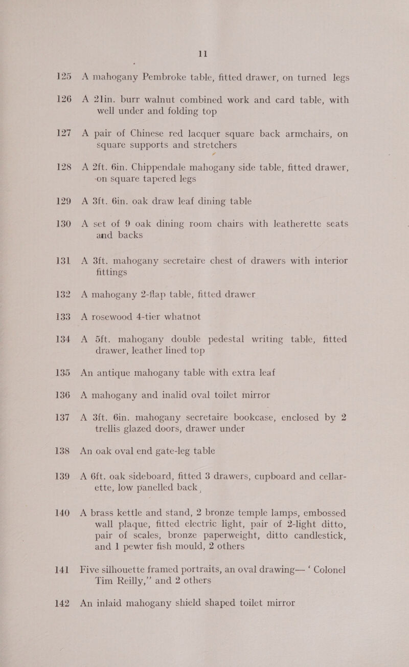 138 139 140 11 A mahogany Pembroke table, fitted drawer, on turned legs A 2lin. burr walnut combined work and card table, with well under and folding top A pair of Chinese red lacquer square back armchairs, on Square supports and stretchers a A 2ft. 6in. Chippendale mahogany side table, fitted drawer, ‘on square tapered legs A 3ft. 6in. oak draw leaf dining table A set of 9 oak dining room chairs with leatherette seats and backs A 3ft. mahogany secretaire chest of drawers with interior fittings A mahogany 2-flap table, fitted drawer A 5ft. mahogany double pedestal writing table, fitted drawer, leather lined top An antique mahogany table with extra leaf A mahogany and inalid oval toilet mirror A 3ft. 6in. mahogany secretaire bookcase, enclosed by 2 trellis glazed doors, drawer under An oak oval end gate-leg table A 6ft. oak sideboard, fitted 3 drawers, cupboard and cellar- ette, low panelled back , A brass kettle and stand, 2 bronze temple lamps, embossed wall plaque, fitted electric light, pair of 2-light ditto, pair of scales, bronze paperweight, ditto candlestick, and 1 pewter fish mould, 2 others Five silhouette framed portraits, an oval drawing— ‘ Colonel Tim Reilly,” and 2 others An inlaid mahogany shield shaped toilet mirror