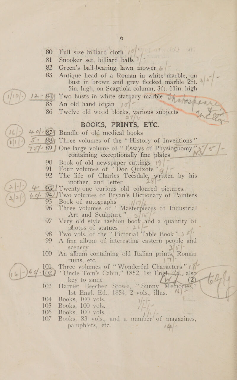 te Vb ’ | \ 80 Full size billiard cloth /°% ° 81 -Snooker set, billiard balls 1/%.. oy 82 Green’s ball-bearing lawn mower &amp; | | 83 Antique head of a Roman in white marble,:on | ~-/ - bust in brown and grey flecked marble 2ft. -)~ | 5in. high, on Scagtiola column, 3ft. 11in. igh : 84) Two busts in white statuary marble Sky rym Sate “8 = 4 4 z oy mike oT 85 An old hand organ yo7]- — ADs | Bs % i YY. C% 86 Twelve old wood pas various subjects” Le too BOOKS, PRINTS, ETC. NL ty. 0). - 0] - GY Bundle of old medical books S. &amp;e 83) Three volumes of the “ History of Inventions ”’ Fe 797-89 J One large volume of “ Essays of eu T® Hie containing exceptionally fine plates ek Ss 90 Book of old newspaper cuttings (4 | ° 91 Four volumes of “Don Quixote ” g / - 92 The life &lt;GT ‘Charles -T eesdale, _pritten by his   oe mother, and letter 2 ed 93.| Twenty-one curious old epibiaea pictures. bof Ft sD Two volumes of Bryan’s Dictionary of Painters Book of autographs Wials 96 ‘heee volumes ot Masterpieces of Industrial Ari and Sciipture ”’ 97 “Very old style fashion book and a quantity of photos of statues é 98 Two vols..of the “Pictorial Table Book’. 34 99 A fine album of interesting eastern people and SCENCTY ei! k, i 100 An album containing old Italian Pee Roman ruins, etc. m 101.. Three volumes Or, MeQagerty) Crone as 19: )é i 102} “Uncle Tom's ‘Cabin, “F852, 1st Ea key to same 2 103 Harriet ‘Beecher’ Stowe,:~ Sunny mo f= Lst: Eneks Wd. 1854-2 .ercts., aitus, * *S ps \ &gt; Ste  104 Books, 100 vols. Eee Le 105 Books, 100 vols. ee 106 Books, 100 vols. : vite 107 Books, 83 vols., and a number/ of magazines, pamphlets, ete. tb.