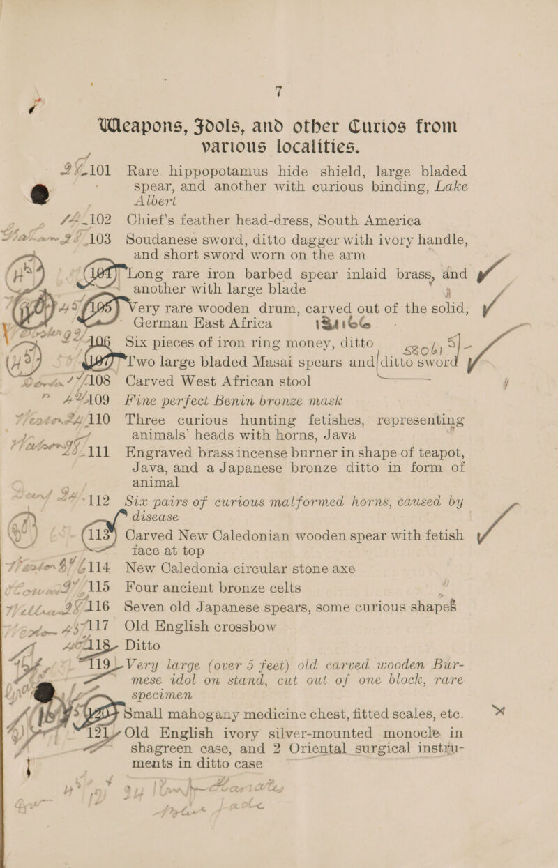 ¥? : | Weapons, Fdols, and other Curios from various localities. af 99,101 Rare hippopotamus hide shield, large bladed @ a spear, and another with curious binding, Lake Albert - 1G, 102. Chief's feather head-dress, South America “e~2° 103 Soudanese sword, ditto dagger with ivory handle, and short sword worn on the arm (Bp rare iron barbed spear inlaid brass, — ““ oa, another with large blade yA GRTVers rare wooden drum, carved out of a OEG sow i German East Africa 4166 _ gee Six pleces of iron ring money, ditto obi §]- i} 3 wo large bladed Masai spears and [aitto's ror oe 7/. 108° Carved West African stool . AY 109 Fine perfect Benin bronze mask entexx4/110 Three curious hunting fetishes, representing animals’ heads with horns, Java oor 315 dy ana Engraved brass incense burner in shape of teapot, Java, and aJapanese bronze ditto in form of animal ‘112 Six pars of curious malformed horns, caused by | ~  oe rte »\ disease 1 IIs Carved New Caledonian wooden spear with fetish face at top nee aaa £114 New Caledonia circular stone axe ay); -ll5 Four ancient bronze celts thc LG ALG Seven old Japanese spears, some curious shapef ae bAl7 Old English crossbow 4 GA Ditto i= large (over 5 feet) old carved wooden Bur- mese rdol on stand, cut owt of one block, rare specumen Small mahogany medicine chest, fitted scales, etc. ™ pi Ae Englsh ivory silver-mounted monocle in A age, case, and 2 Oriental surgical instru- ments in ditto case | A } f try a; Fanaa jhe LIT (Coy UK té4 