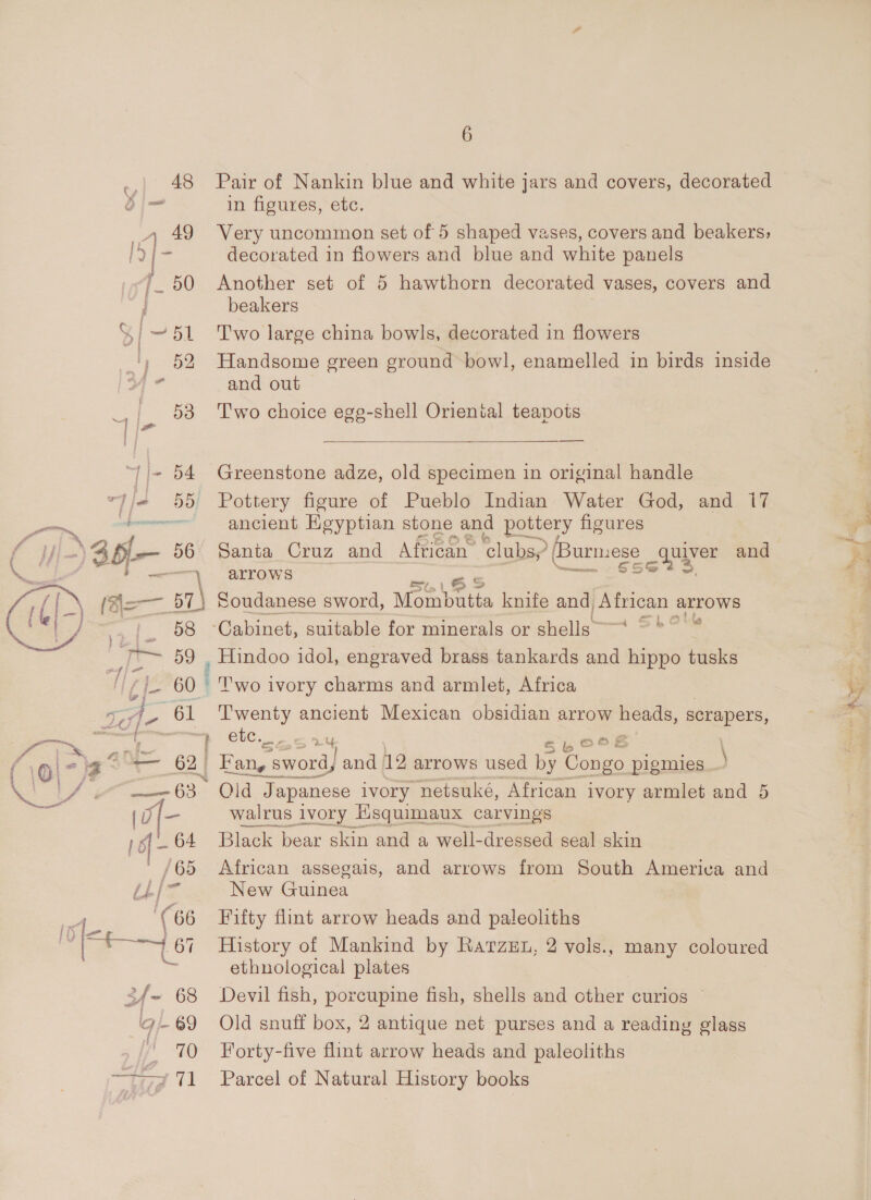 “j- 54 ed 58 do 3 recor: 6 Pair of Nankin blue and white jars and covers, decorated in figures, etc. Very uncommon set of 5 shaped vases, covers and beakers; decorated in flowers and blue and white panels Another set of 5 hawthorn decorated vases, covers and beakers Two large china bowls, decorated in flowers Handsome green ground bowl, enamelled in birds inside and out Two choice egg-shell Oriental teapots  Greenstone adze, old specimen in original handle Pottery figure of Pueblo Indian Water God, and 17 ancient Heyptian stone and peters figures Santa Cruz and Aftigane clubs? arrows 16S Soudanese sword, Wasnhatis knife and, African arrows ble Burmese ae and Pe cca mai &amp; CO -Hindoo idol, engraved brass tankards and hippo tusks Two ivory charms and armlet, Africa Twenty ancient Mexican obsidian arrow heads, scrapers, ele. ey | \ Fan, Fan, sword, and 12 arrows used 5S b Ocs by Congo pigmies walrus ivory Hsquimaux carvings Black bear skin and a well-dressed seal skin African assegais, and arrows from South America and New Guinea Fifty flint arrow heads and paleoliths History of Mankind by Rarzzt, 2 vols., many coloured ethnological plates Devil fish, porcupine fish, shells and cther curios — Old snuff box, 2 antique net purses and a reading glass Forty-five flint arrow heads and paleoliths Parcel of Natural History books