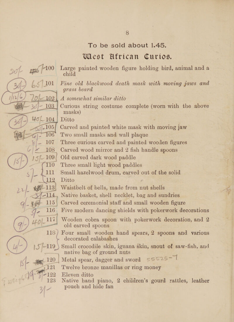 To be sold about 1.45. West frican Curtos. 9,74 “1-100 Large painted wooden figure holding bird, animal and a Of eI child (— J.) £4 | 101 Fine old blackwood death mai with moving jaws and a grass beard A somewhat similar ditto Curious string costume complete (worn waa the above masks) Ditto : Carved and painted white mask with moving jaw T'wo small masks and wall plaque Three curious carved and painted wooden figures le |y 108 Carved wood mirror and 2 fish handle spoons \ wa 109 | Old carved dark wood paddle é Three small light wood paddles   isp / 112 Ditto ji l. wh 13) Waistbelt of bells, made from nut shells ALTA, Native basket, shell necklet, bag and sundries q- i 115 | Carved ceremonial staff and small wooden figure ~ 116, Five modern dancing shields with pokerwork decorations {#111 Small hazelwood drum, carved out of the solid , ge £0}. pu] Wooden cobra spoon with pokerwork decoration, and 2 (9) # old carved spoons 118) Four small wooden hand spears, 2 spoons and various r decorated calabashes Pe) 119 ) ) Small crocodile skin, iguana skin, snout of saw-fish, and ) native bag of sround nuts A s 120. Metal spear, dagger and sword =S&gt;2% pal  121 Twelve bronze manillas or ring money \o ~4f- 1992, Eleven ditto : ' 123° Native hand piano, 2 children’s gourd rattles, leather pouch and hide fan