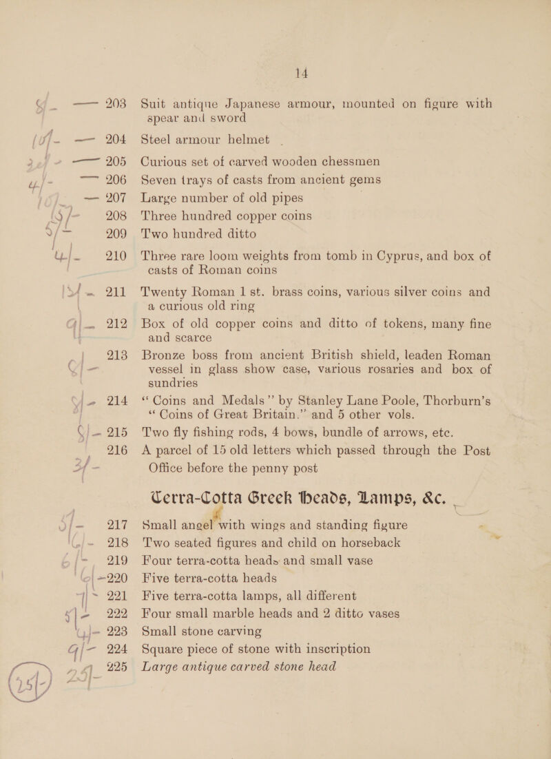 4. — 204 ! — 205 ai —* 206 = 207 ig/— 208 7 few 209 210 Sy gens | 919, 213 Ua» 214 C= 215 216 ) ae | 218 219 ‘o| ~220 |= 221 _ 999 j= 223 G|/— 224 A 925 Ye a ee \ a. ae \ 14 Suit antiqne Japanese armour, mounted on figure with spear and sword Steel armour helmet Curious set of carved wooden chessmen Seven trays of casts from ancient gems Large number of old pipes . Three hundred copper coins Two hundred ditto Three rare loom weights from tomb in Cyprus, and box of casts of Roman coins Twenty Roman 1 st. brass coins, various silver coins and a curious old ring Box of old copper coins and ditto of tokens, many fine and scarce | Bronze boss from ancient British shield, leaden Roman vessel in glass show case, various rosaries and box of sundries “Coins and Medals”’ by Stanley Lane Poole, Thorburn’s ‘Coins of Great Britain.” and 5 other vols. Two fly fishing rods, 4 bows, bundle of arrows, etc. A parcel of 15 old letters which passed through the Post Office before the penny post Cerra-Cotta Greek Meads, Lamps, Xe. | Small angel with wings and standing figure Two seated figures and child on horseback Four terra-cotta heads and small vase Five terra-cotta heads Five terra-cotta lamps, all different Four small marble heads and 2 ditto vases Small stone carving Square piece of stone with inscription Large antique carved stone head