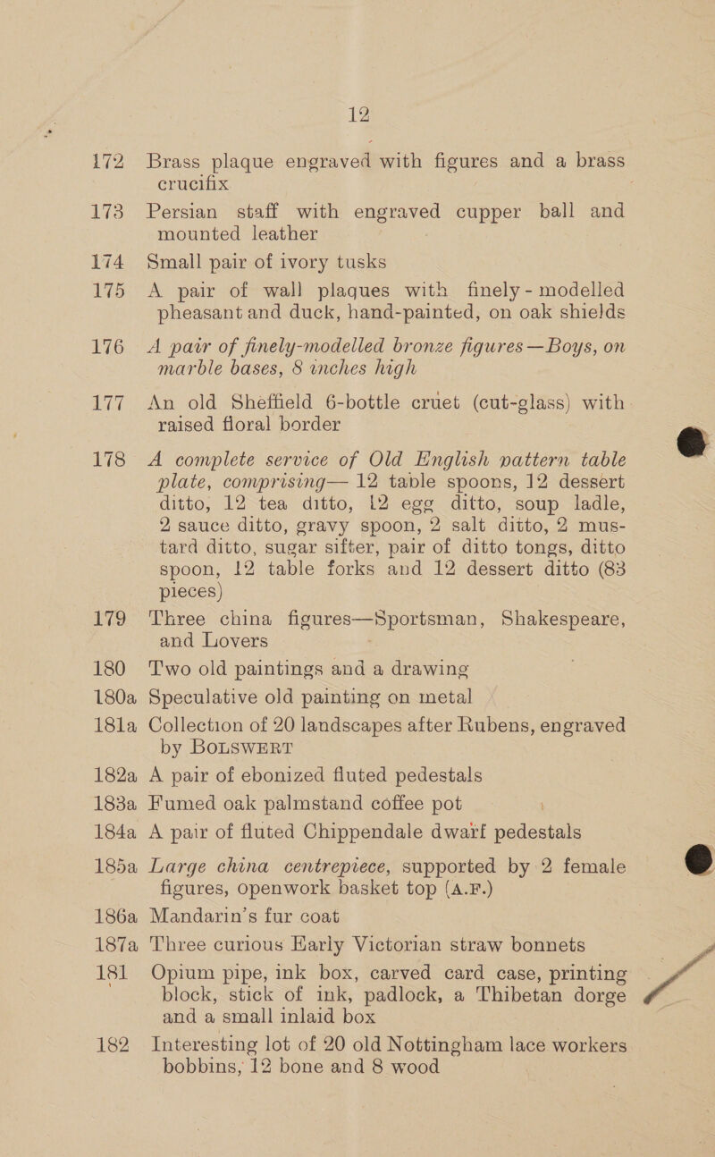 172 173 174 175 176 L177 178 179 180 180a 18la 182a 12 Brass plaque engraved with figures and a brass crucifix Persian staff with meee cupper ball and mounted leather Small pair of ivory tusks A pair of wall plaques with finely - modelled pheasant and duck, hand-painted, on oak shields A patr of finely-modelled bronze figures —Boys, on marble bases, 8 inches high An old Sheffield 6-bottle cruet (cut-glass) with. raised floral border A complete service of Old English pattern table plate, comprising— 12 table spoons, 12 dessert ditto, 12 tea ditto, 12 egg ditto, soup ladle, 2 sauce ditto, gravy spoon, 2 salt ditto, 2 mus- tard ditto, sugar sifter, pair of ditto tongs, ditto spoon, 12 table forks and 12 dessert ditto (83 pieces) Three china figures—Sportsman, Shakespeare, and Lovers Two old paintings and a drawing Speculative old painting on metal Collection of 20 landscapes after Rubens, engraved by BoLSWwERT A pair of ebonized fluted pedestals 184a A pair of fluted Chippendale dwarf pedestals 186a Loita 181 182 figures, openwork basket top (A.F.) Mandarin’s fur coat Three curious Karly Victorian straw bonnets Opium pipe, ink box, carved card case, printing block, stick of ink, padlock, a Thibetan dorge and a small inlaid box Interesting lot of 20 old Nottingham lace workers