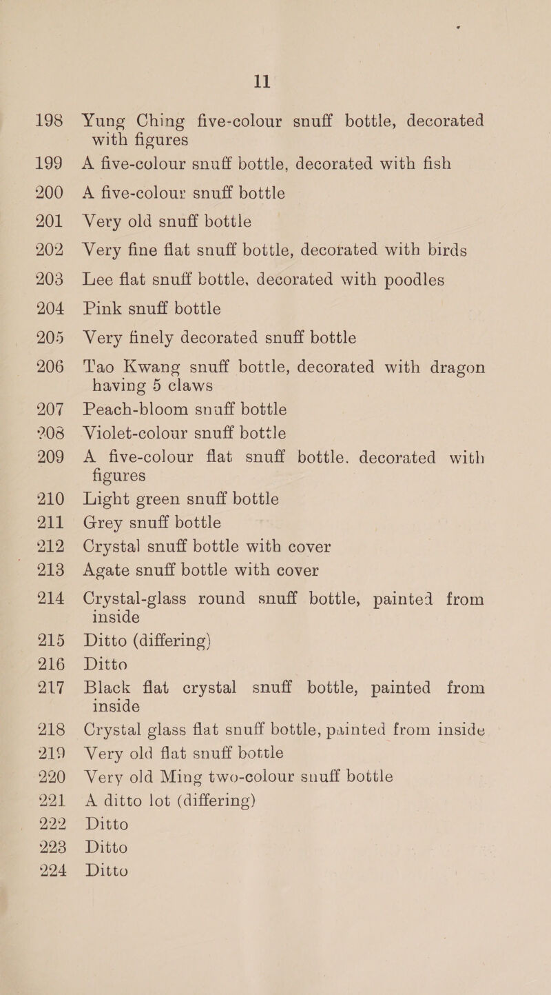 198 199 200 201 202 203 204 205 206 207 208 209 210 211 212 213 214 215 216 217 218 219 220 221 222 223 224 11 Yung Ching five-colour snuff bottle, decorated with figures A five-colour snuff bottle, decorated with fish A five-colour snuff bottle Very old snuff bottle Very fine flat snuff bottle, decorated with birds Lee flat snuff bottle, decorated with poodles Pink snuff bottle Very finely decorated snuff bottle Tao Kwang snuff bottle, decorated with dragon having 5 claws Peach-bloom snuff bottle Violet-colour snuff bottle A five-colour flat snuff bottle. decorated with figures Light green snuff bottle Grey snuff bottle Crystal snuff bottle with cover Agate snuff bottle with cover Crystal-glass round snuff bottle, painted from inside Ditto (differing) Ditto Black flat crystal snuff bottle, painted from inside Crystal glass flat snuff bottle, painted from inside Very old flat snuff bottle Very old Ming two-colour snuff bottle A ditto lot (differing) Ditto Ditto Ditto