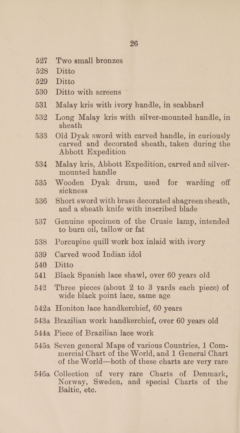 527 528 529 530 531 532 537 538 539 540 541 542 542a 548a 544a 545a 546a 26 Two small bronzes Ditto Ditto Ditto with screens ~ Malay kris with ivory handle, in scabbard Long Malay kris with silver-mounted handle, in sheath Old Dyak sword with carved handle, in curiously carved and decorated sheath, taken during the Abbott Expedition Malay kris, Abbott Expedition, carved and silver- mounted handle Wooden Dyak drum, used for warding off sickness Short sword with brass decorated shagreen sheath, and a sheath knife with inscribed blade Genuine specimen of the Crusie lamp, intended to burn oil, tallow or fat Porcupine quill work box inlaid with ivory Carved wood Indian idol Ditto Black Spanish lace shawl, over 60 years old Three pieces (about 2 to 3 yards each piece) of wide black point lace, same age Honiton Jace handkerchief, 60 years Brazilian work handkerchief, over 60 years old Piece of Brazilian lace work Seven general Maps of various Countries, 1 Com- mercial Chart of the World, and 1 General Chart of the World—both of these charts are very rare Collection of very rare Charts of Denmark, Norway, Sweden, and special Charts of the Baltic, etc.