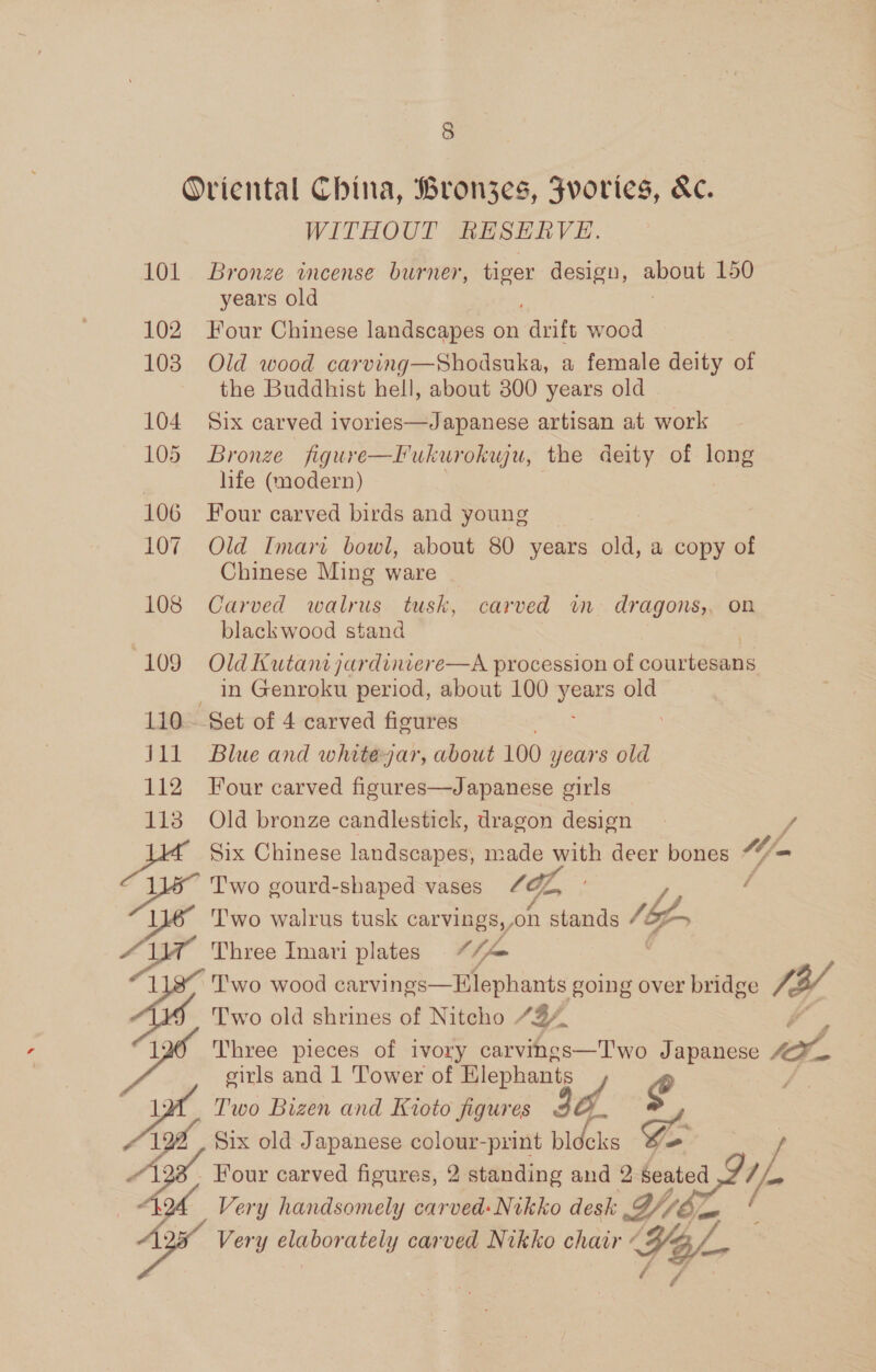 101 102 108 104 105 106 107 108 109 110.- Yad 112 8 WITHOUT RESERVE. Bronze incense burner, aie design, DOH 150 years old Four Chinese landscapes on Auits wood Old wood carving—Shodsuka, a female deity of the Buddhist hell, about 300 years old Six carved ivories—Japanese artisan at work Bronze figure—Fukurokwu, the deity of long life (modern) Four carved birds and young Old Imarv bowl, about 80 year's old, a copy of Chinese Ming ware Carved walrus tusk, carved in dragons,, on blackwood stand in Genroku period, about 100 vod old “Set of 4 carved fisures . Blue and whiteyar, about 100 years old Four carved figures—Japanese girls — Old bronze candlestick, dragon design Two gourd-shaped vases CGE, T'wo walrus tusk carvings, on stands / G- Three Imari plates “76 T'wo old shrines of Nitcho . SY, eirls and 1 Tower of Elephants £ Two Bizen and Kioto figures 50 Four carved figures, 2 standing and 2 Seated Very RCOTar Oy carved Nikko chair FoR /