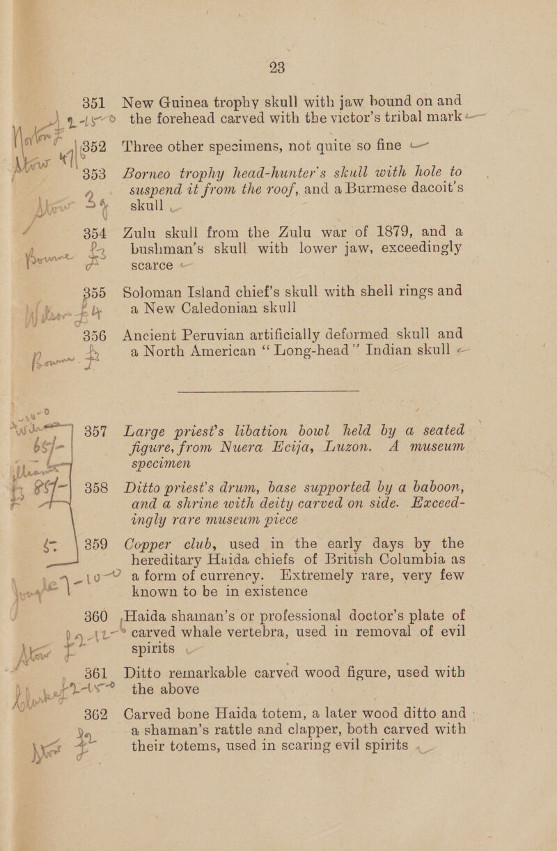 351 New Guinea trophy skull with jaw bound on and a a 46 352 Three other specimens, not quite so fine — 353 Borneo trophy head-hunter's skull with hole to 2 suspend wt from the roof, and a Burmese dacoit’s ieee WER 354 Zulu skull from the Zulu war of 1879, and a . £2 bushman’s skull with lower jaw, exceedingly scarce + | 355 Soloman Island chief’s skull with shell rings and po bl a New Caledonian skull ) 356 Ancient Peruvian artificially deformed skull and ao a North American ‘‘ Long-head”’ Indian skull &lt; | 357 Large priest’s libation bowl held by a seated figure, from Nuera Ecya, Luzon. A museum specimen 3858 Ditto priest's drum, base supported by a Ean and a shrine with deity carved on side. Exceed- imgly rare museum piece . 359 Copper club, used in the early days by the hereditary Haida chiefs of British Columbia as sale a form of currency. Extremely rare, very few known io be in existence  360 ,Haida shaman’s or professional doctor’s plate of ) boy carved whale vertebra, used in removal of evil tT spirits , , 861 Ditto remarkable carved wood figure, used with © ae &lt;* the above | 362 Carved bone Haida totem, a later mod ditto and ° -ashaman’s rattle and clapper, both carved with their totems, used in scaring evil spirits . _